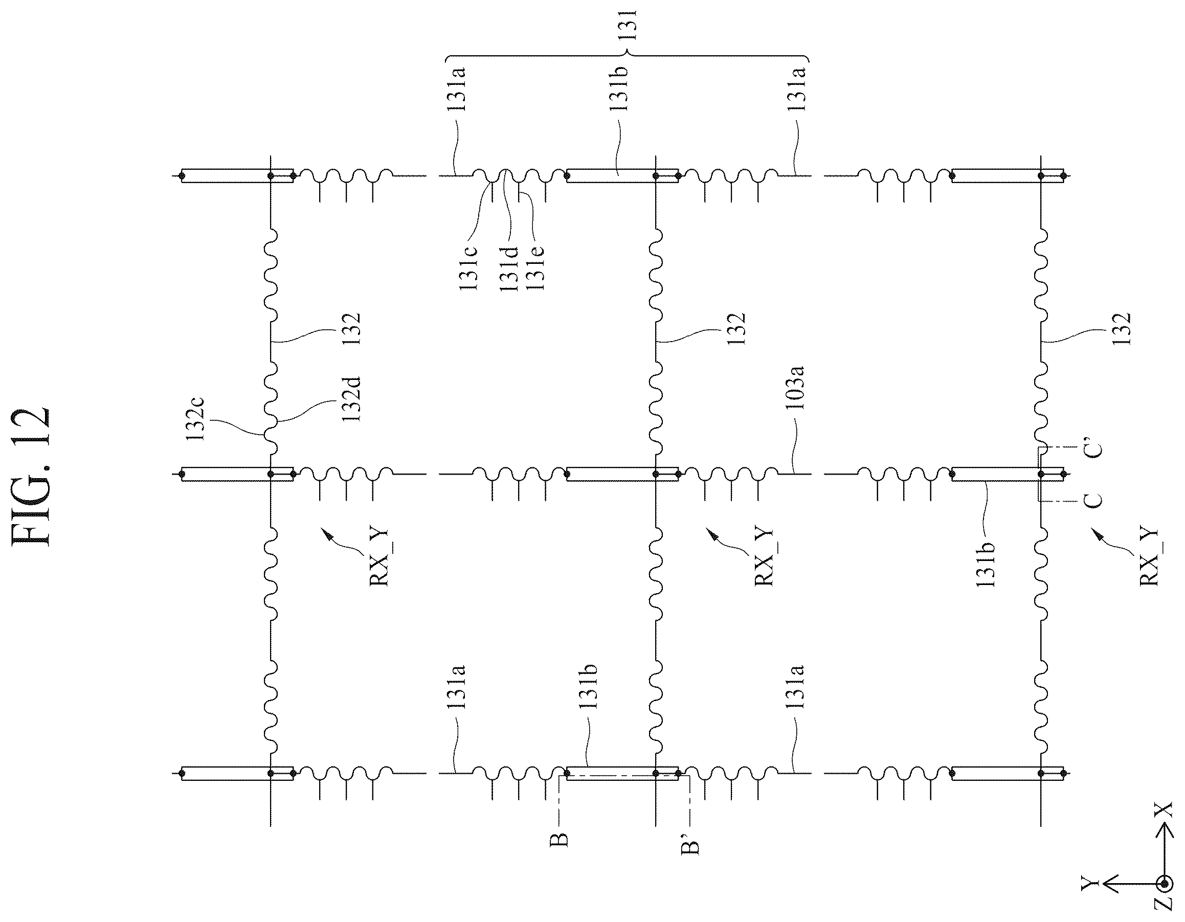 Patent US12597375 Figure 11 – Apparatus for sensing stretch having driving and receiving electrodes extending in two directions
