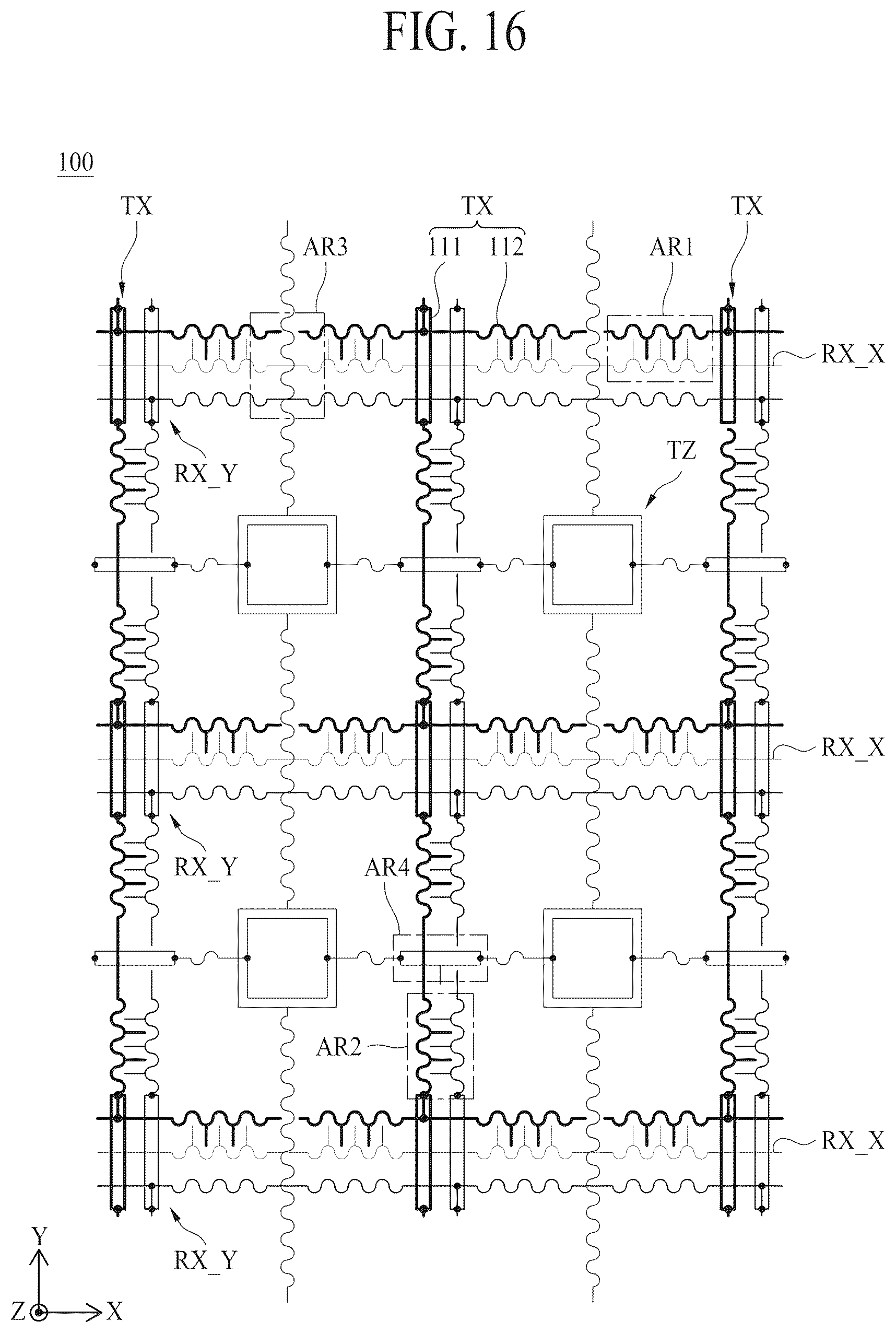 Patent US12597375 Figure 15 – Apparatus for sensing stretch having driving and receiving electrodes extending in two directions