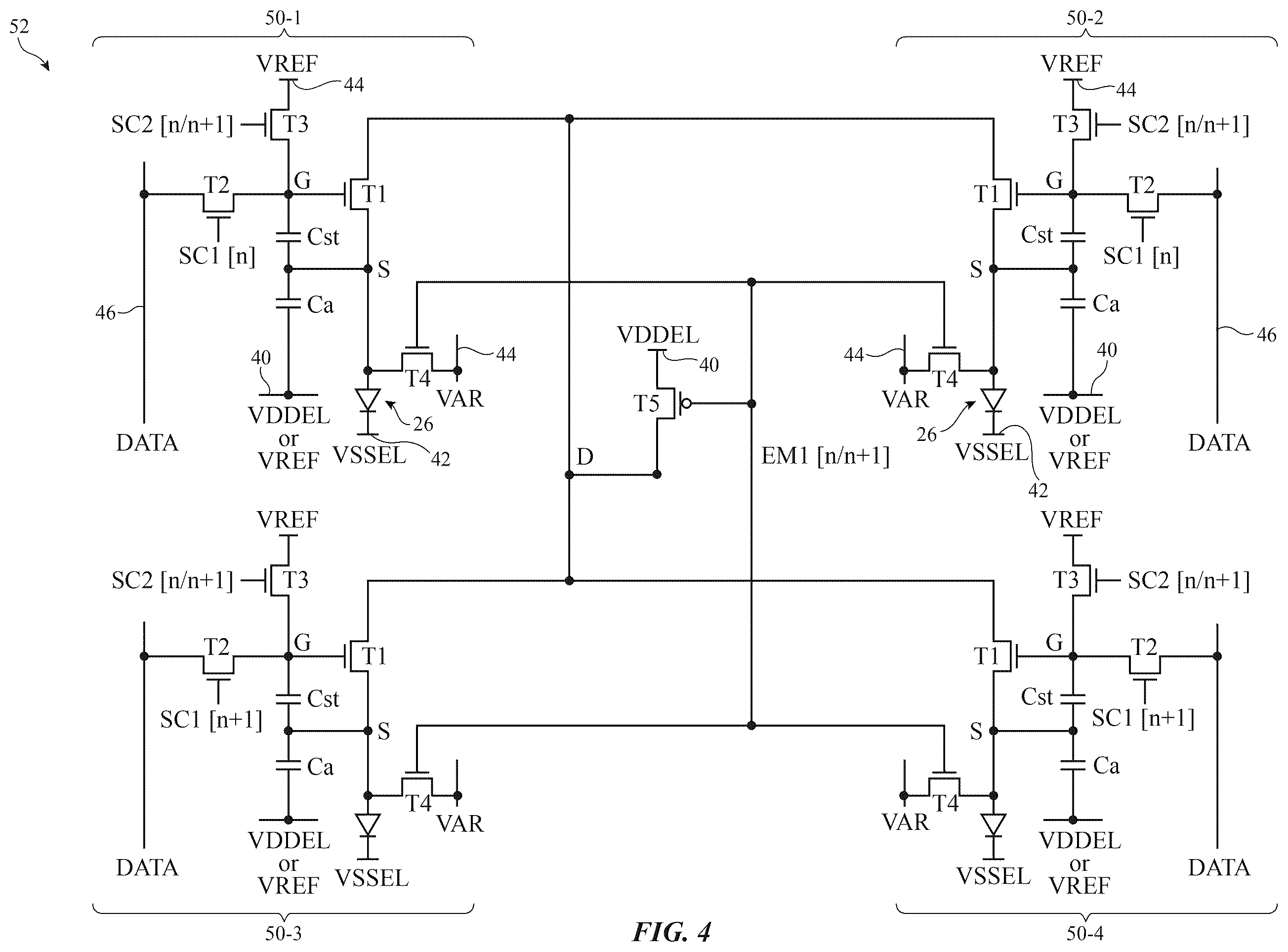 Patent US12597391 Figure 4 – Display pixel circuitry with shared emission transistors