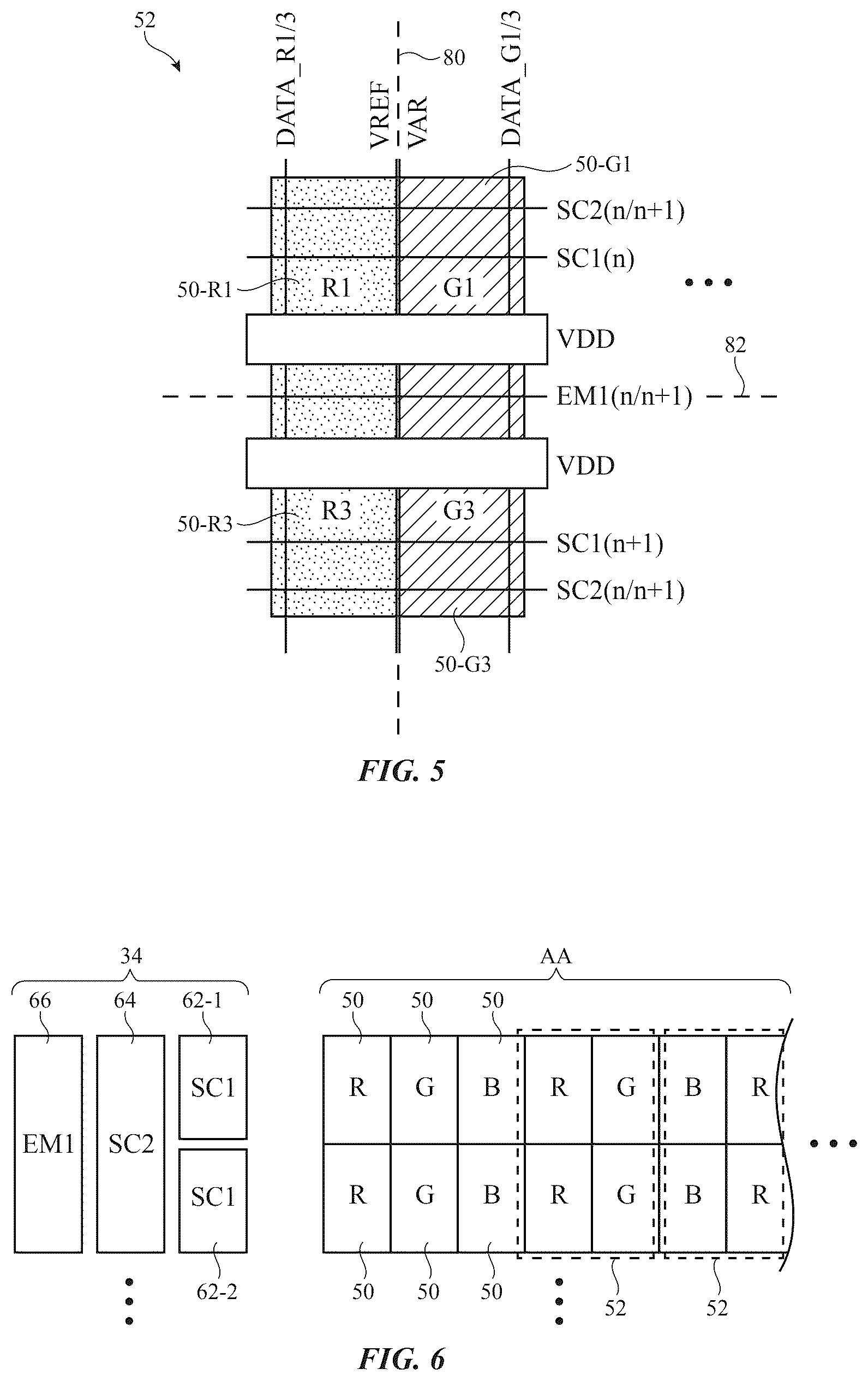 Patent US12597391 Figure 5 – Display pixel circuitry with shared emission transistors