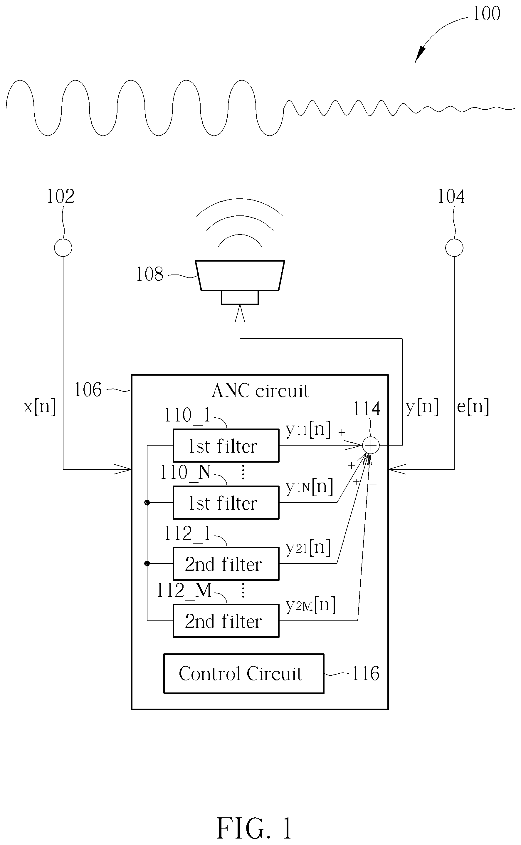 Patent US12597410 Figure 1 – Active noise control circuit with multiple filters connected in parallel fashion and associated method