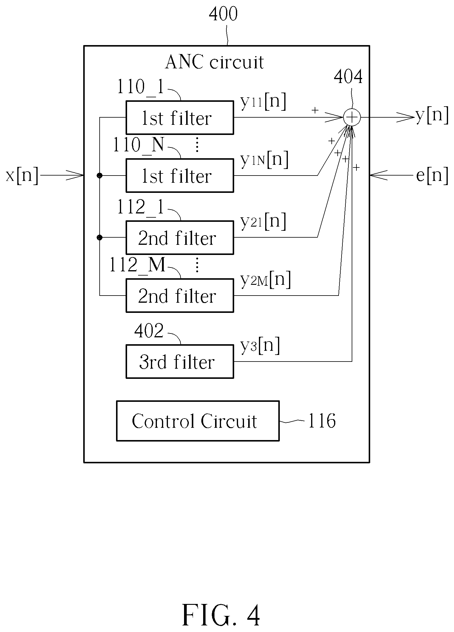 Patent US12597410 Figure 3 – Active noise control circuit with multiple filters connected in parallel fashion and associated method
