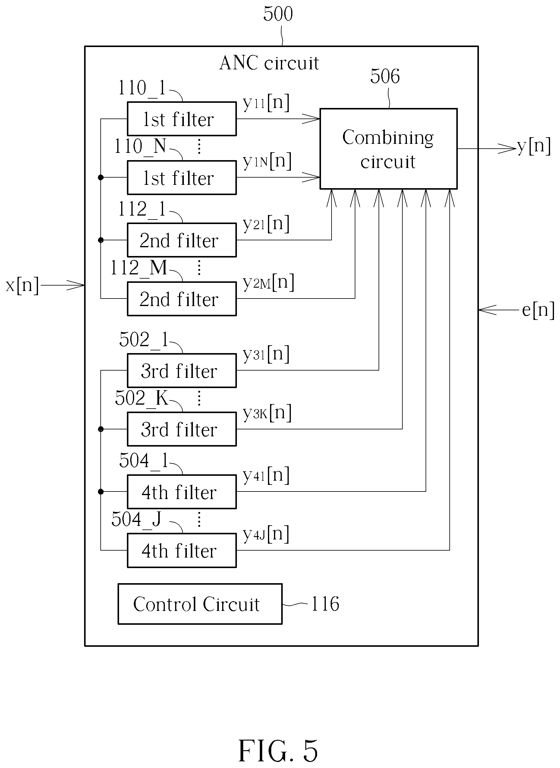 Patent US12597410 Figure 4 – Active noise control circuit with multiple filters connected in parallel fashion and associated method