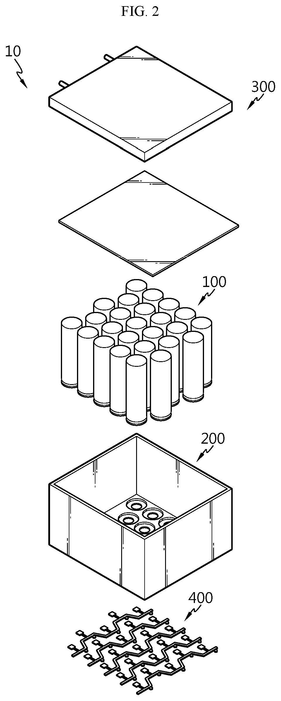 Patent US12597670 Figure 2 – Automobile with battery pack installed over underbody frame