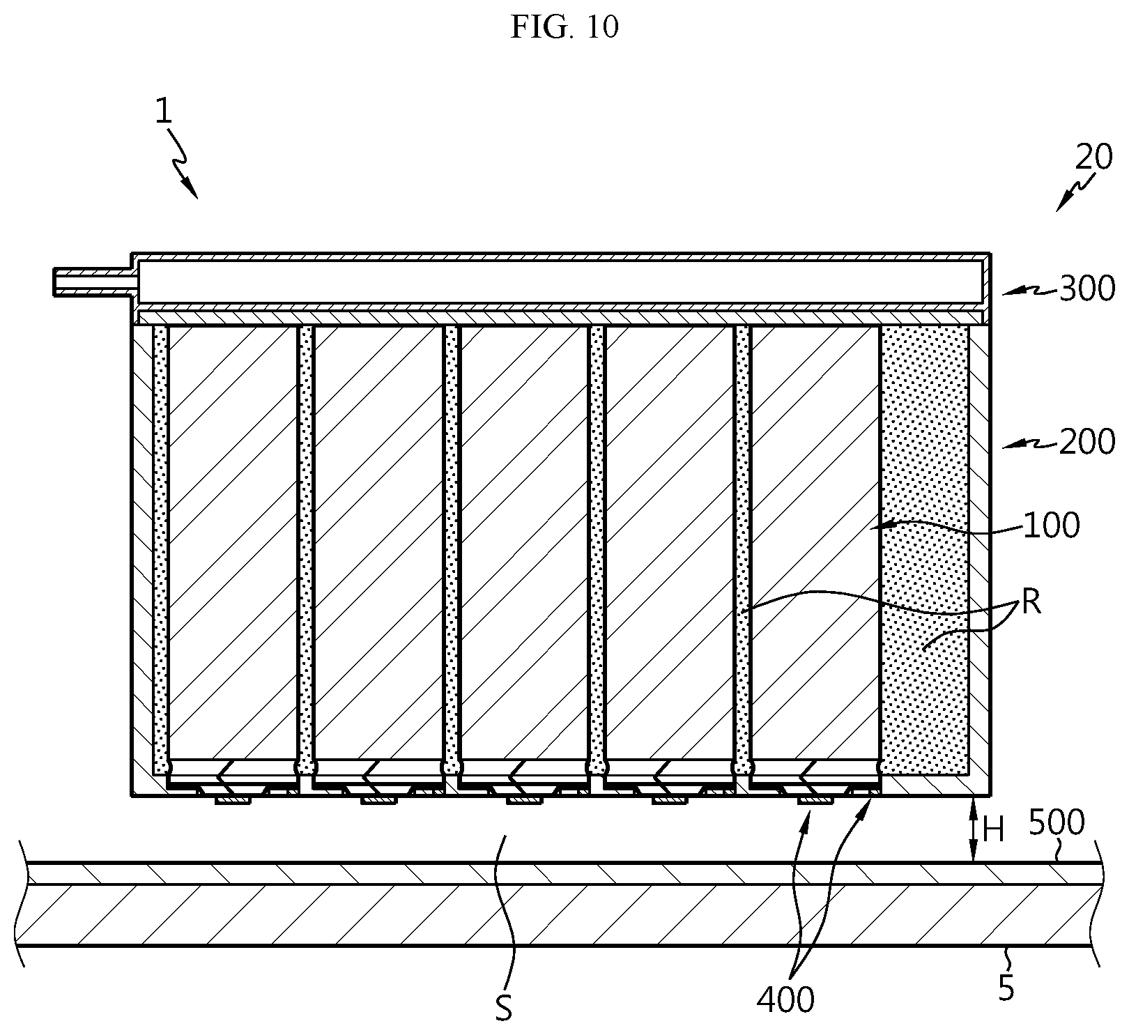 Patent US12597670 Figure 10 – Automobile with battery pack installed over underbody frame