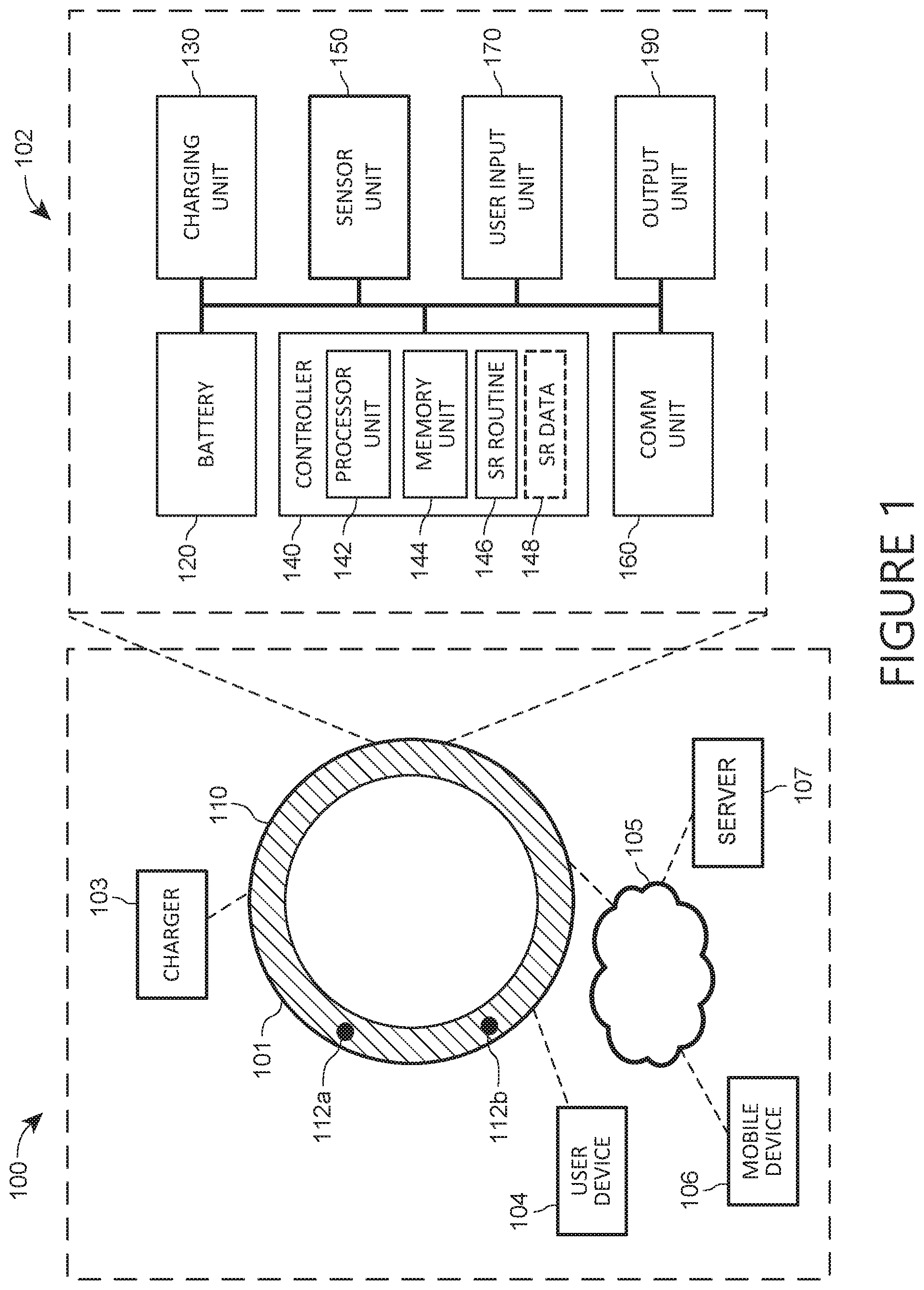 Patent US12597790 Figure 1 – Wireless charging system for wearable ring with LED activity indicators