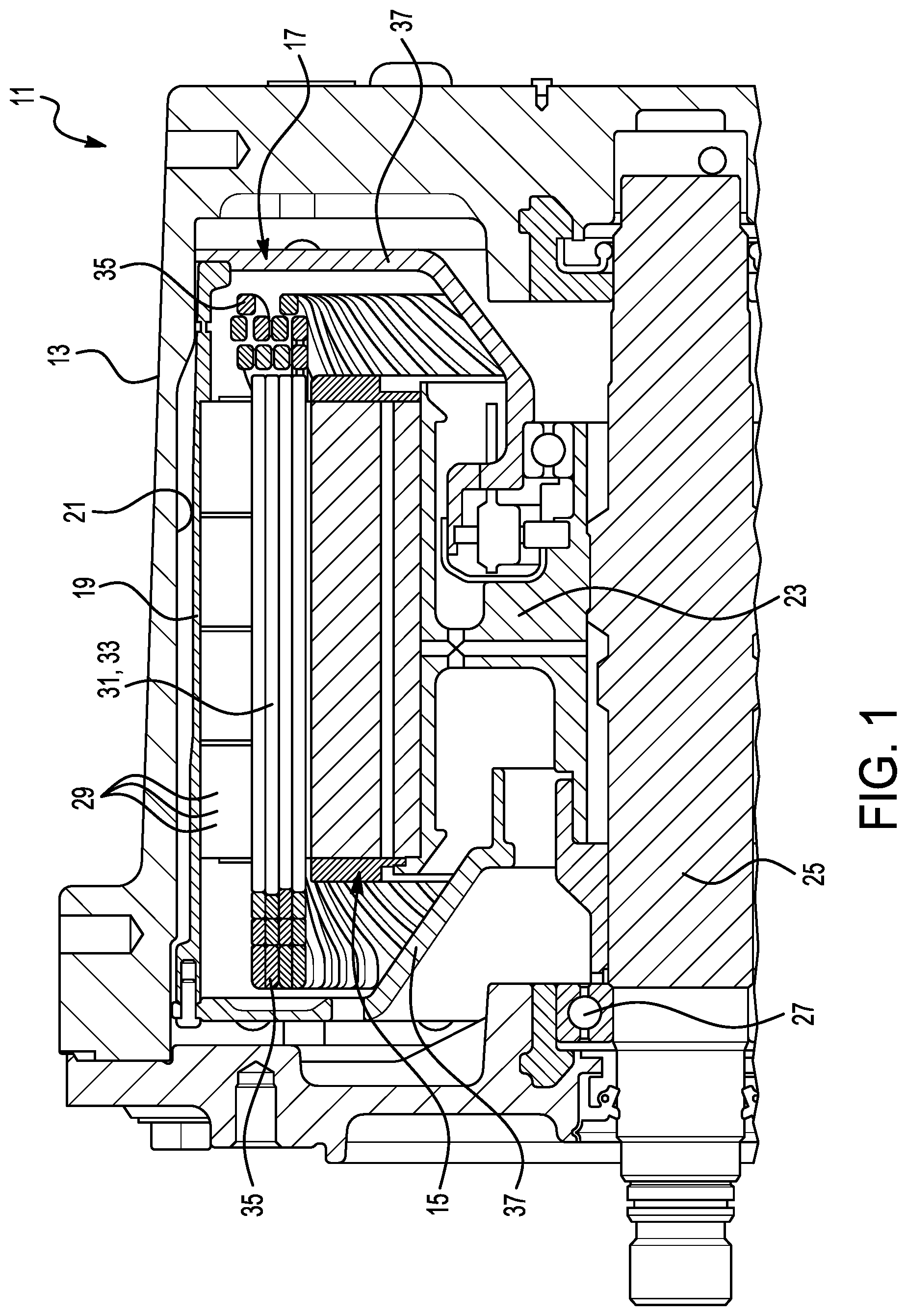 Patent US12597813 Figure 1 – Electric motor with coolant flow at stator slots