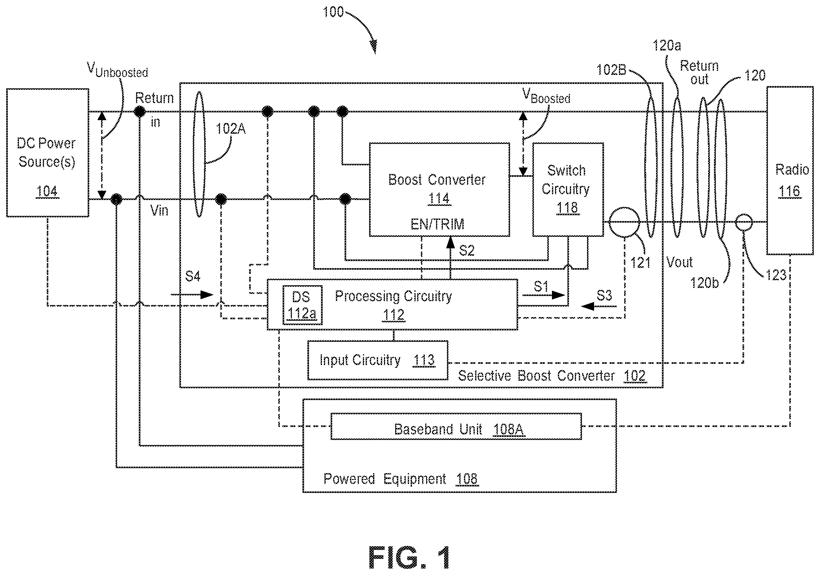Patent US12597842 Figure 1 – Selective voltage boosting for a radio system