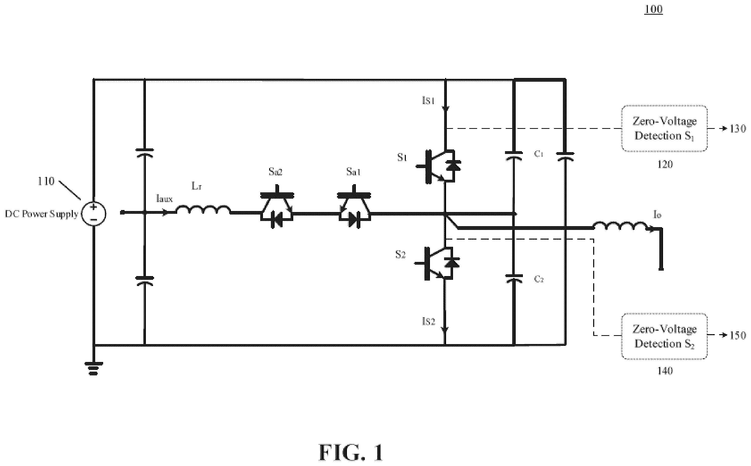 Patent US12597869 Figure 1 – Automatic boosting current adjustment for zero voltage switching in auxiliary resonant commutated pole inverter