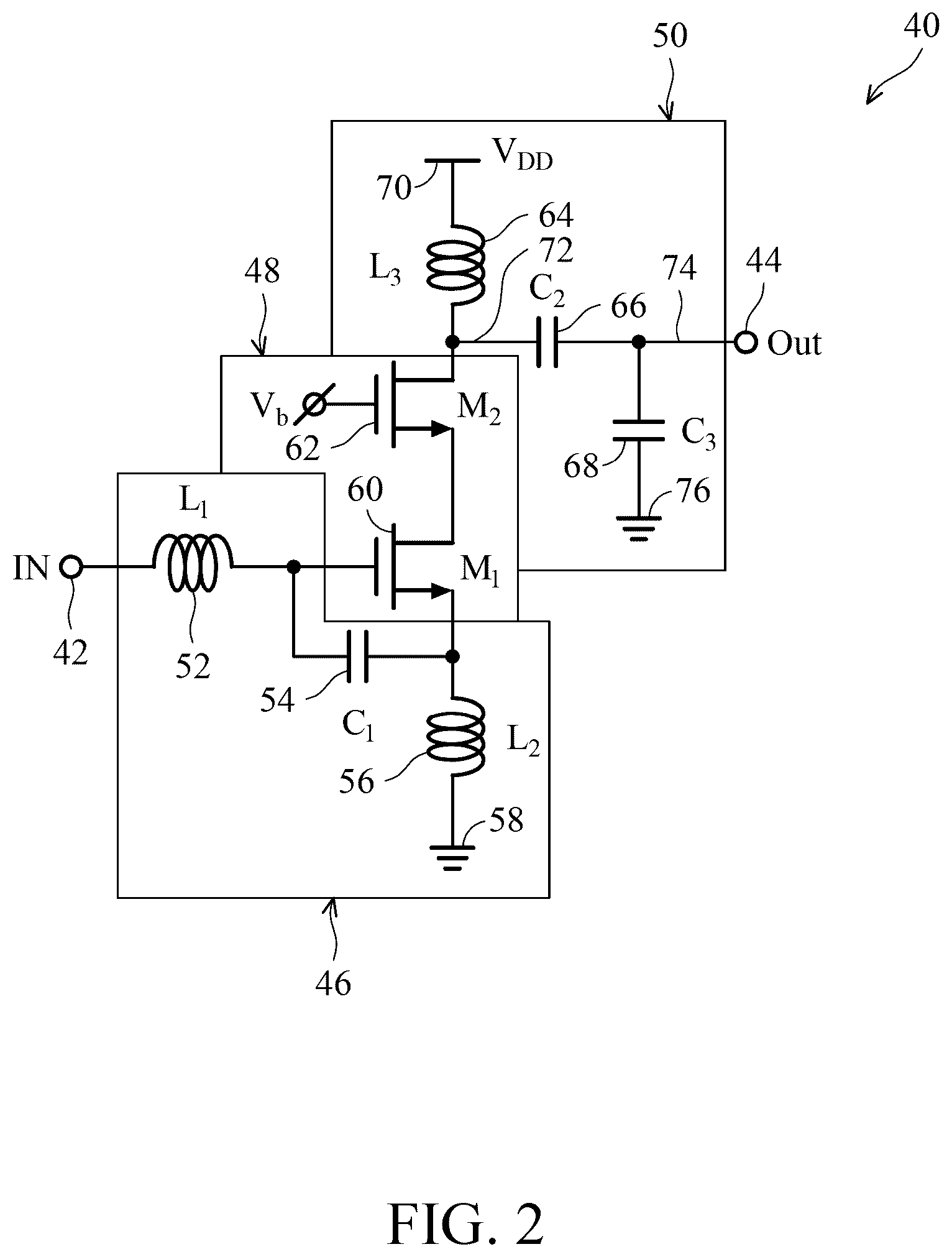 Patent US12597895 Figure 2 – Low-noise amplifier with MOM Q enhancement