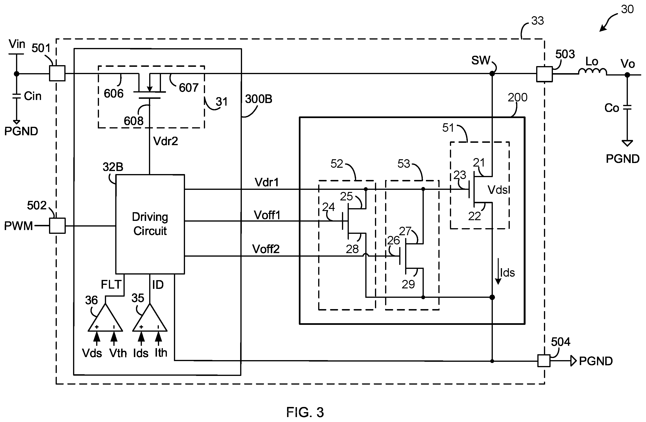 Patent US12597921 Figure 2 – Switching circuit with a transistor having multiple pull down paths