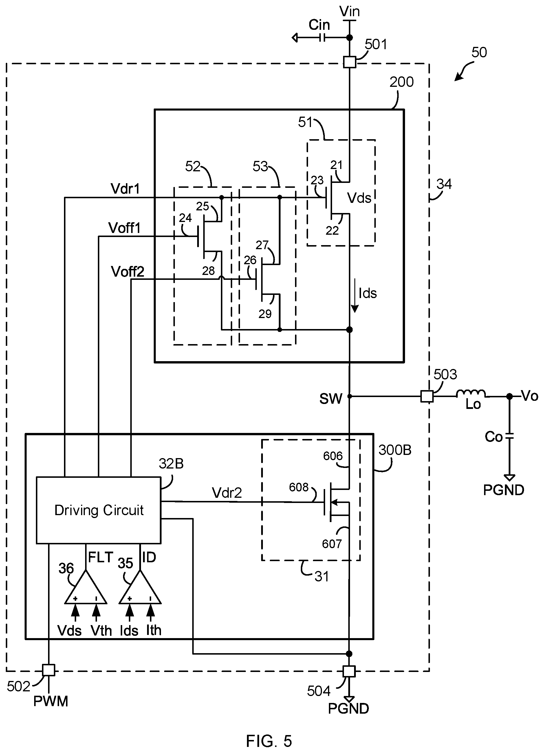Patent US12597921 Figure 4 – Switching circuit with a transistor having multiple pull down paths