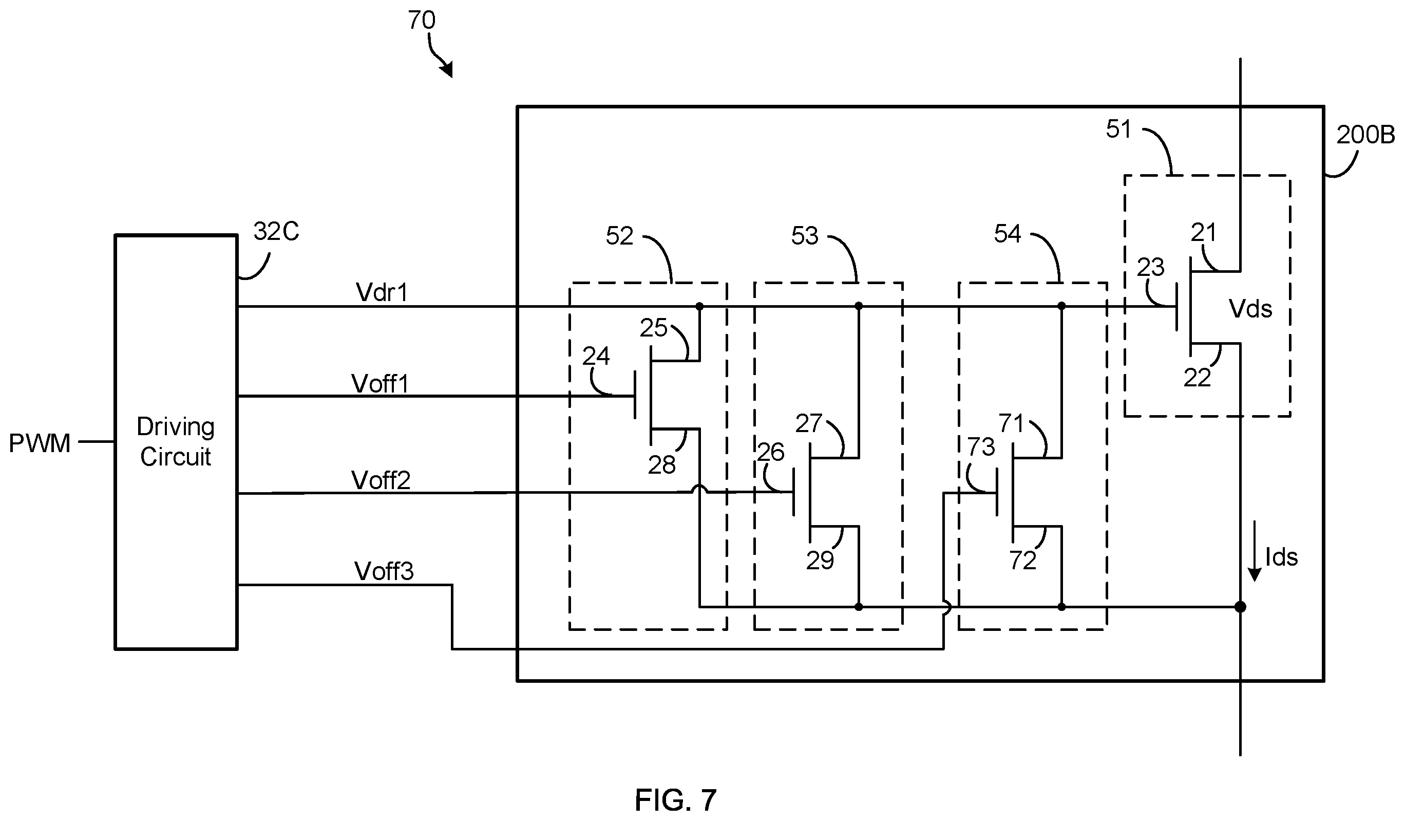 Patent US12597921 Figure 6 – Switching circuit with a transistor having multiple pull down paths