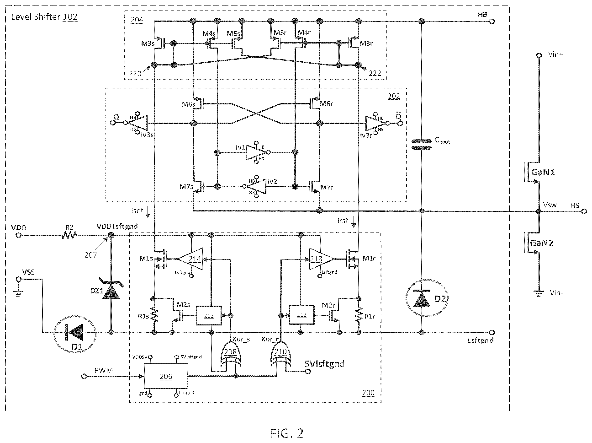 Patent US12597928 Figure 2 – Level shifter for power electronics circuits