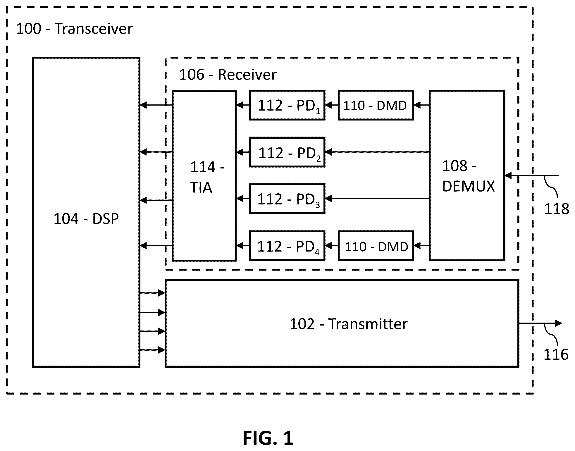 Patent US12597999 Figure 1 – Optical transceiver with dispersion management