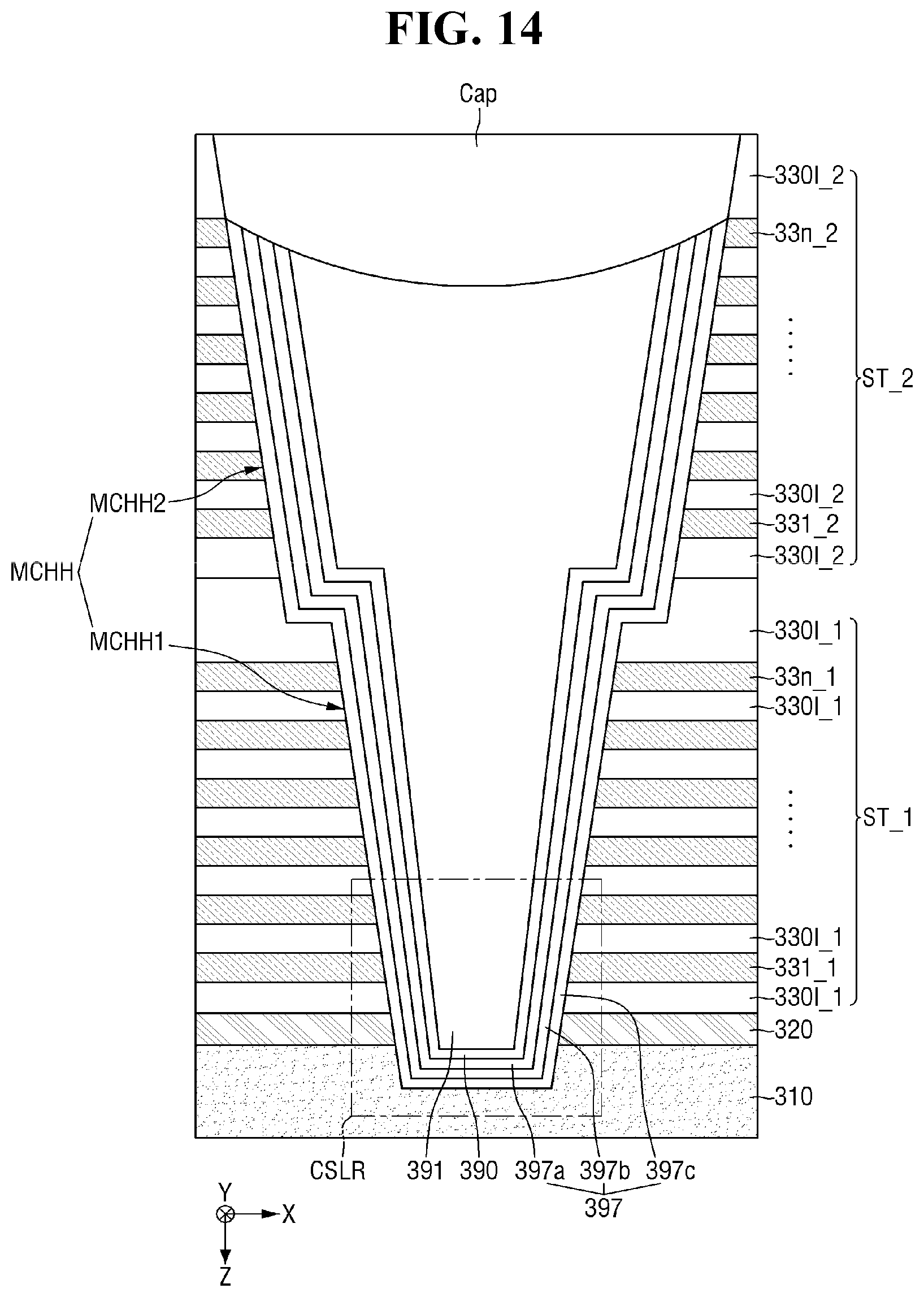 Patent US12599000 Figure 14 – Non-volatile memory device including first and second monitoring channel structures and non-volatile memory system comprising the same