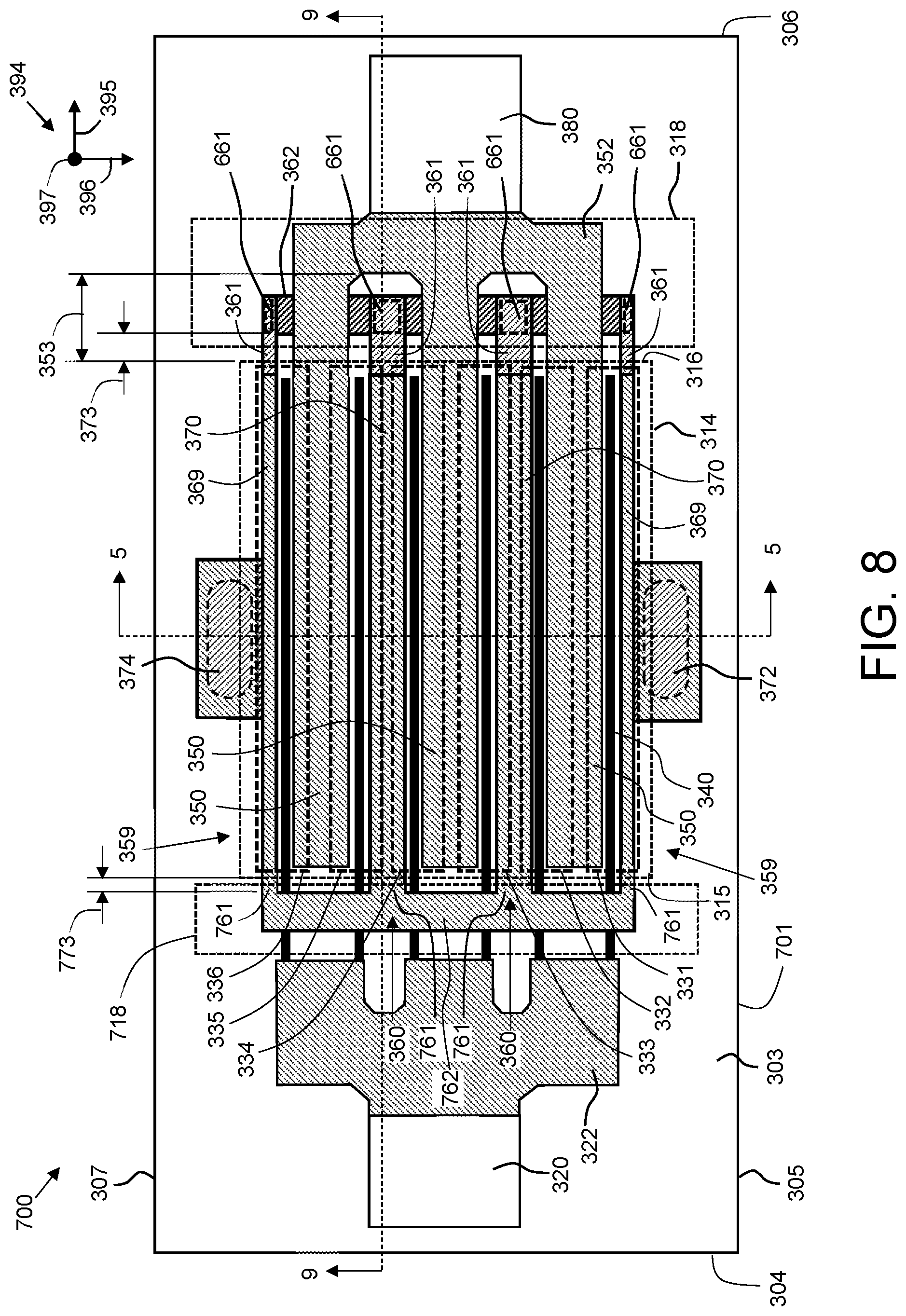Patent US12599008 Figure 7 – Transistor with source manifold in non-active die region