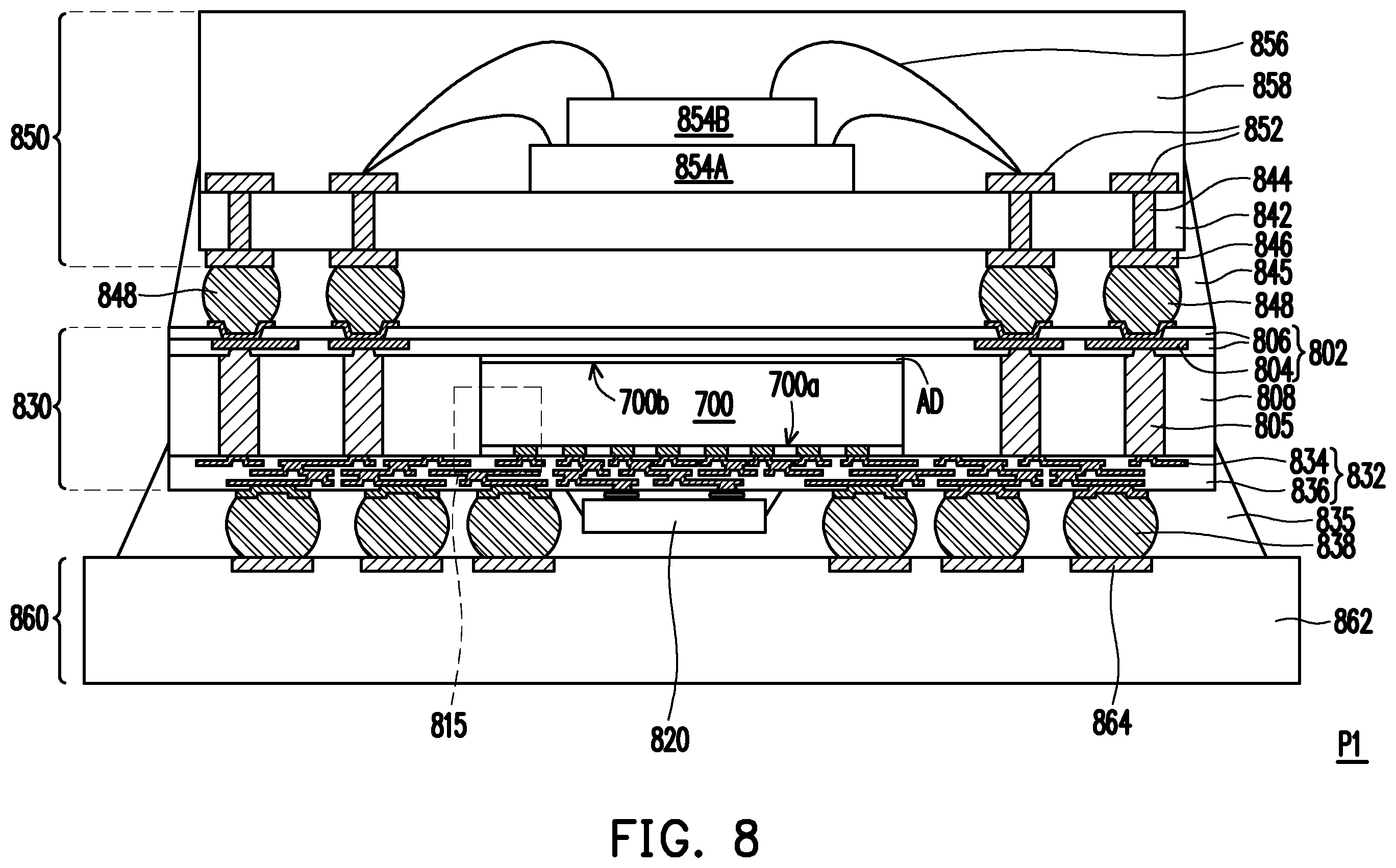 Patent US12599029 Figure 8 – Package structure and method of forming the same