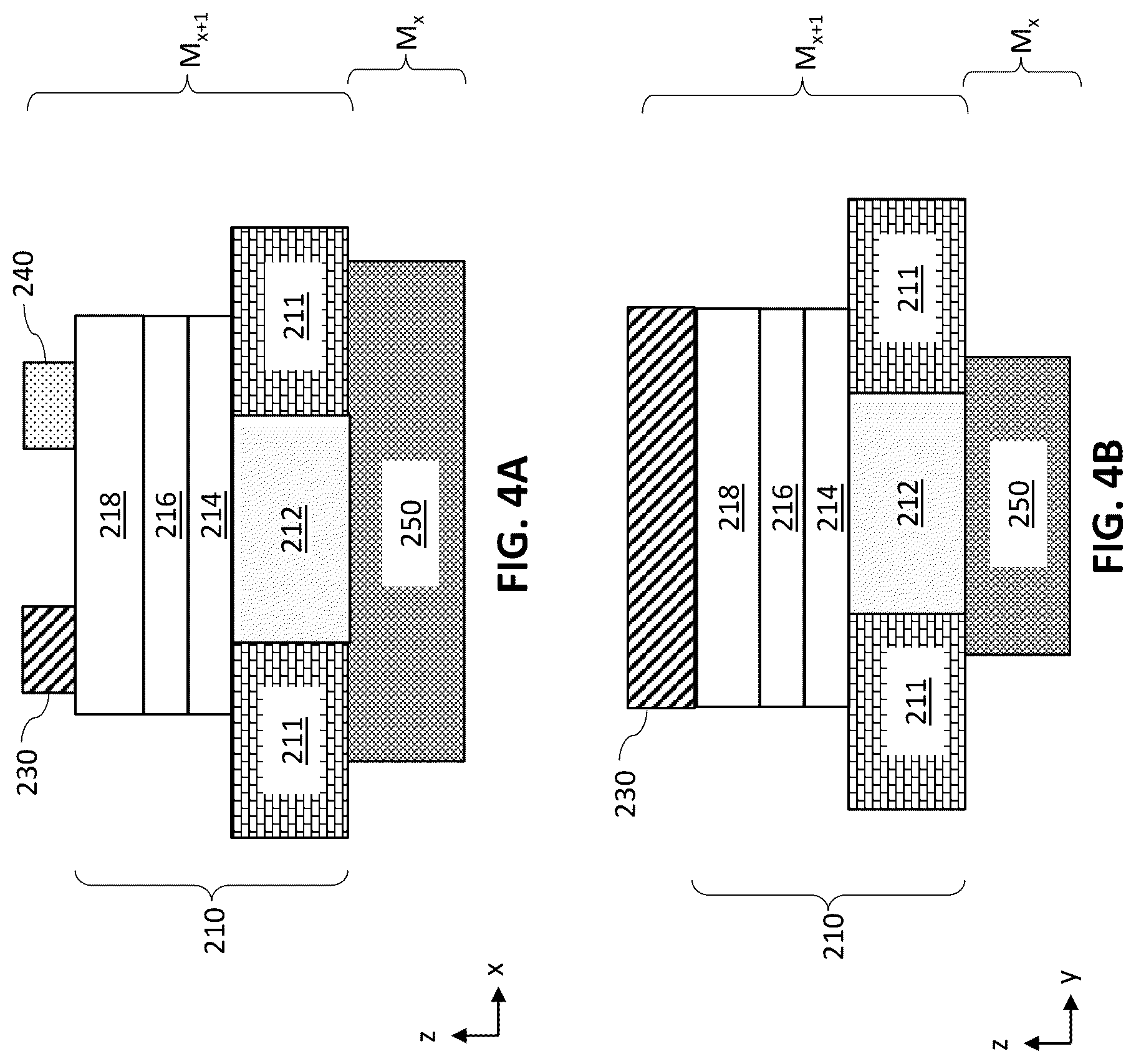 Patent US12599032 Figure 4 – Bilayer memory stacking with lines shared between bottom and top memory layers