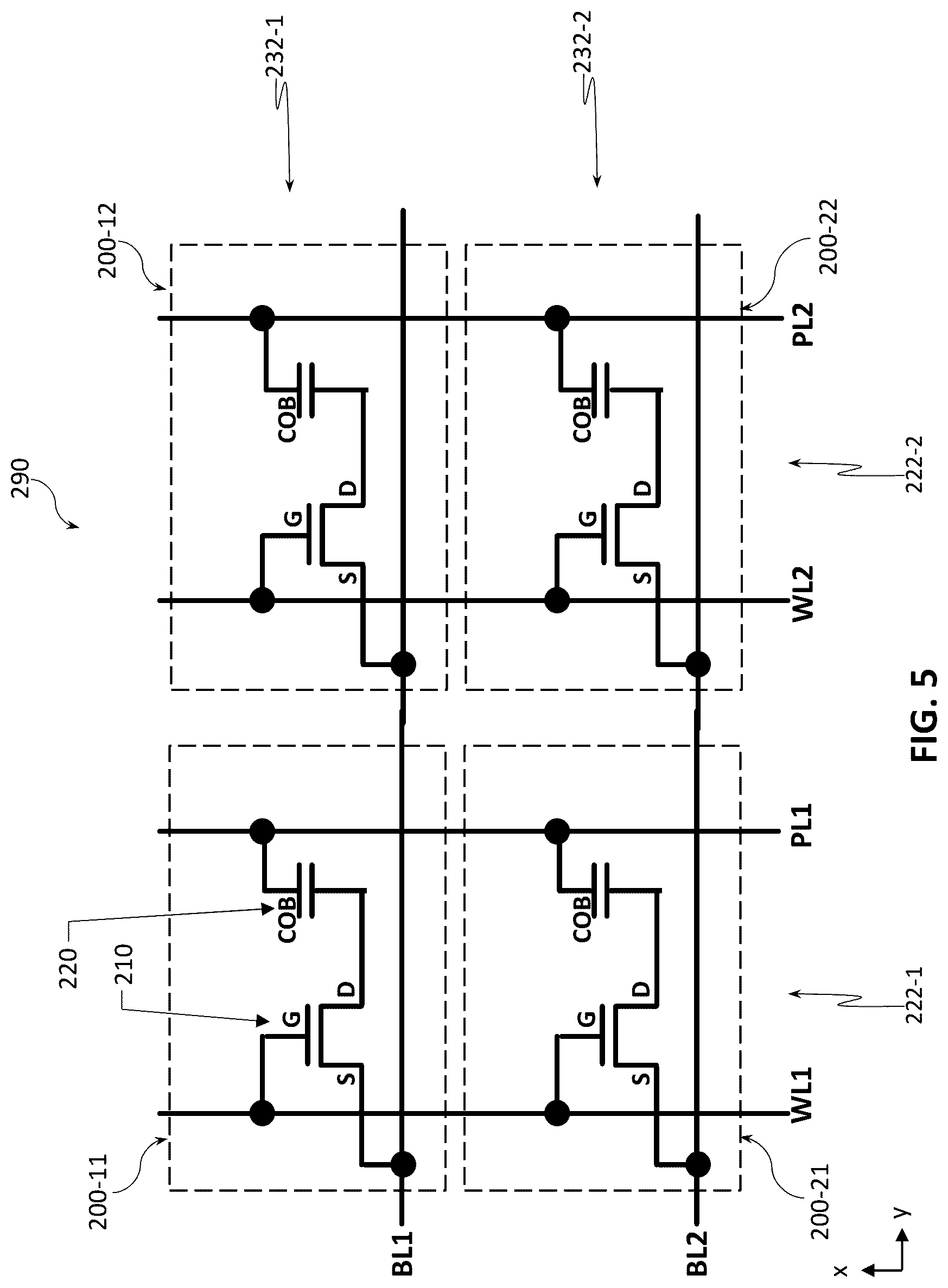 Patent US12599032 Figure 5 – Bilayer memory stacking with lines shared between bottom and top memory layers