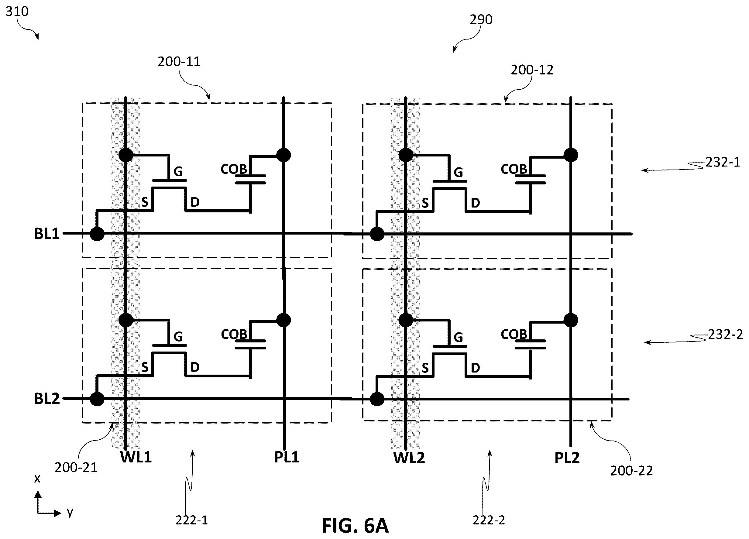 Patent US12599032 Figure 6 – Bilayer memory stacking with lines shared between bottom and top memory layers
