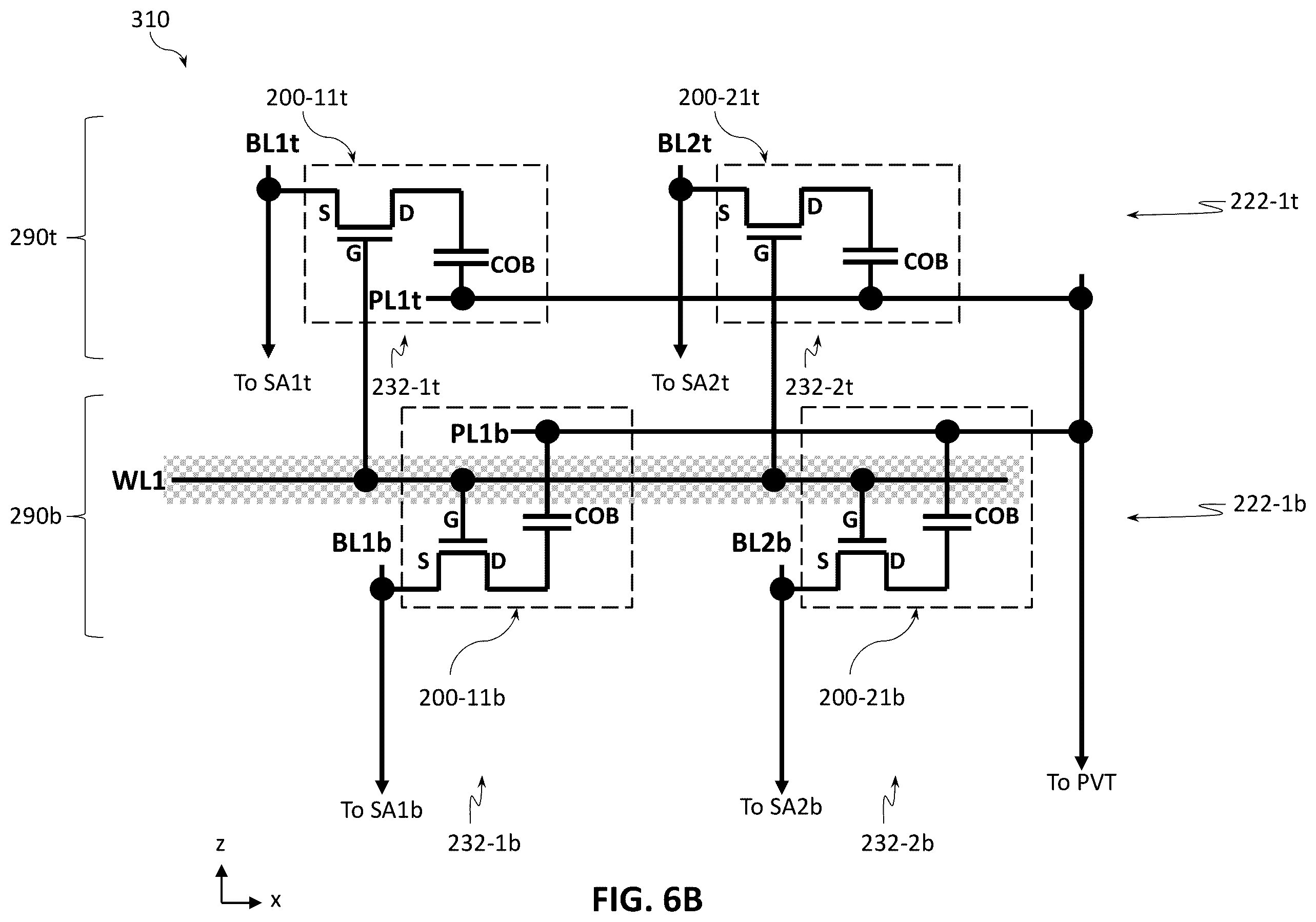 Patent US12599032 Figure 7 – Bilayer memory stacking with lines shared between bottom and top memory layers