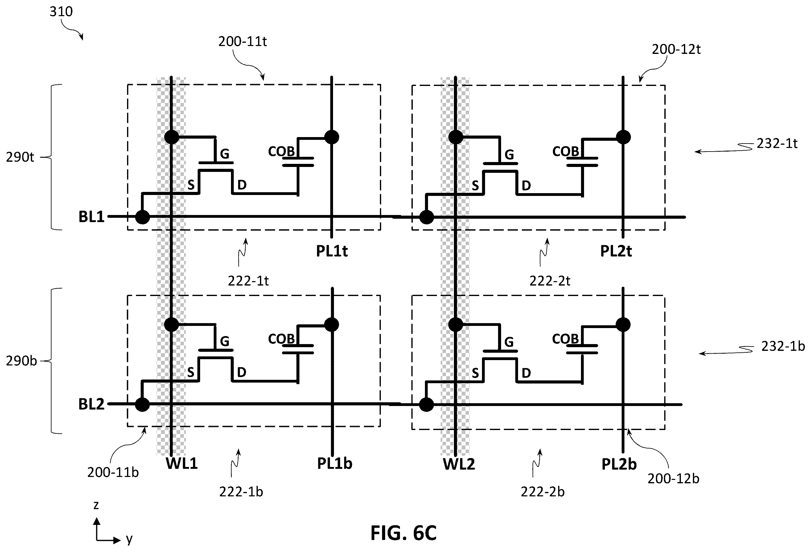 Patent US12599032 Figure 8 – Bilayer memory stacking with lines shared between bottom and top memory layers