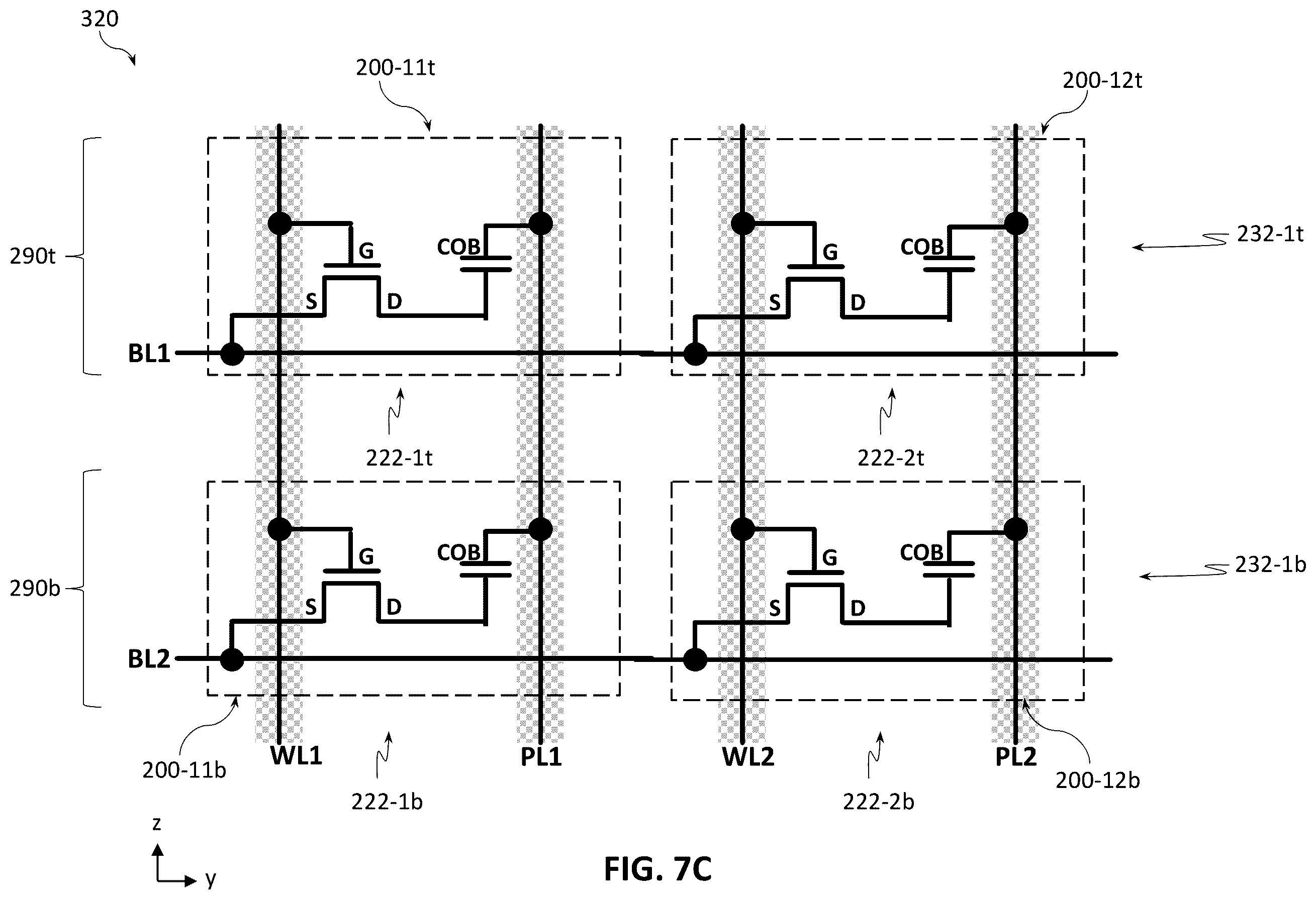 Patent US12599032 Figure 11 – Bilayer memory stacking with lines shared between bottom and top memory layers
