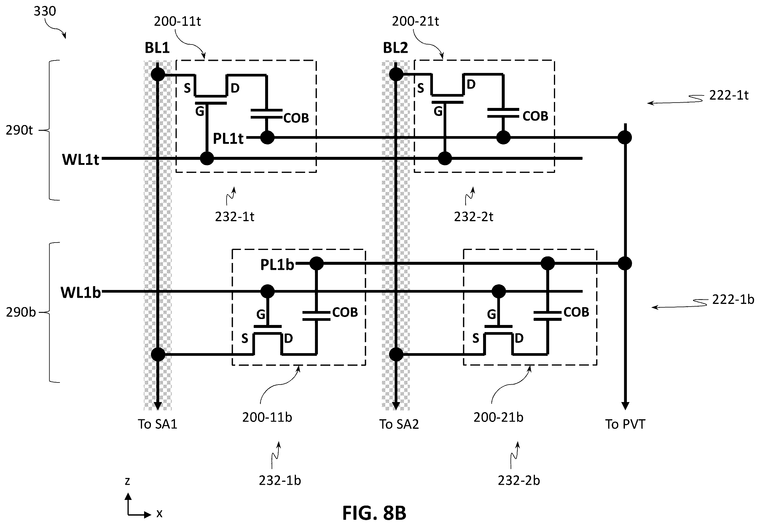 Patent US12599032 Figure 13 – Bilayer memory stacking with lines shared between bottom and top memory layers