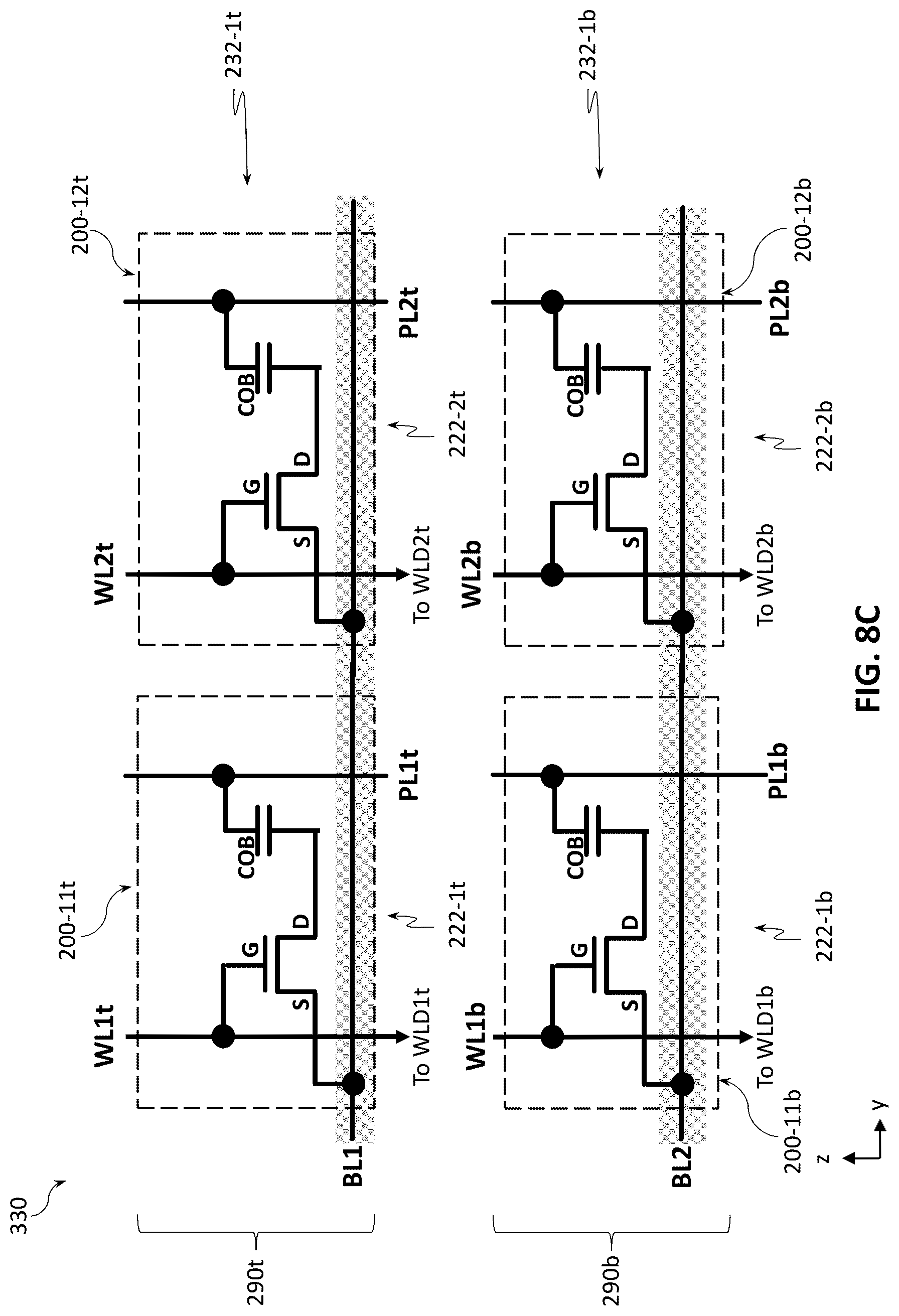 Patent US12599032 Figure 14 – Bilayer memory stacking with lines shared between bottom and top memory layers