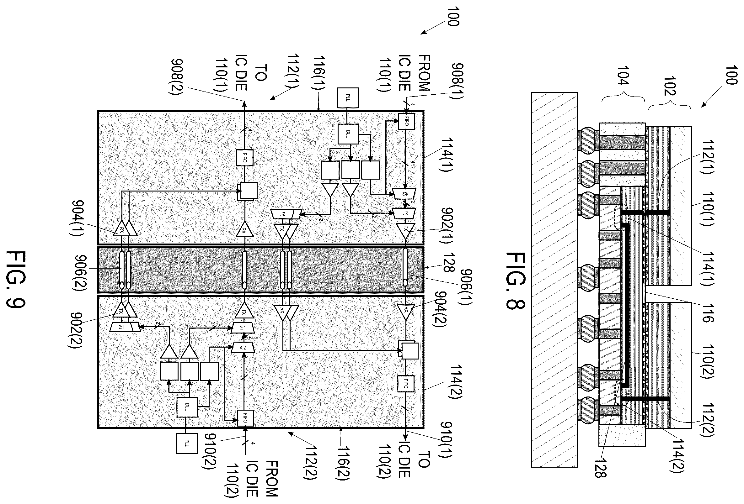 Patent US12599033 Figure 3 – Quasi-monolithic integrated packaging architecture with mid-die serializer/deserializer