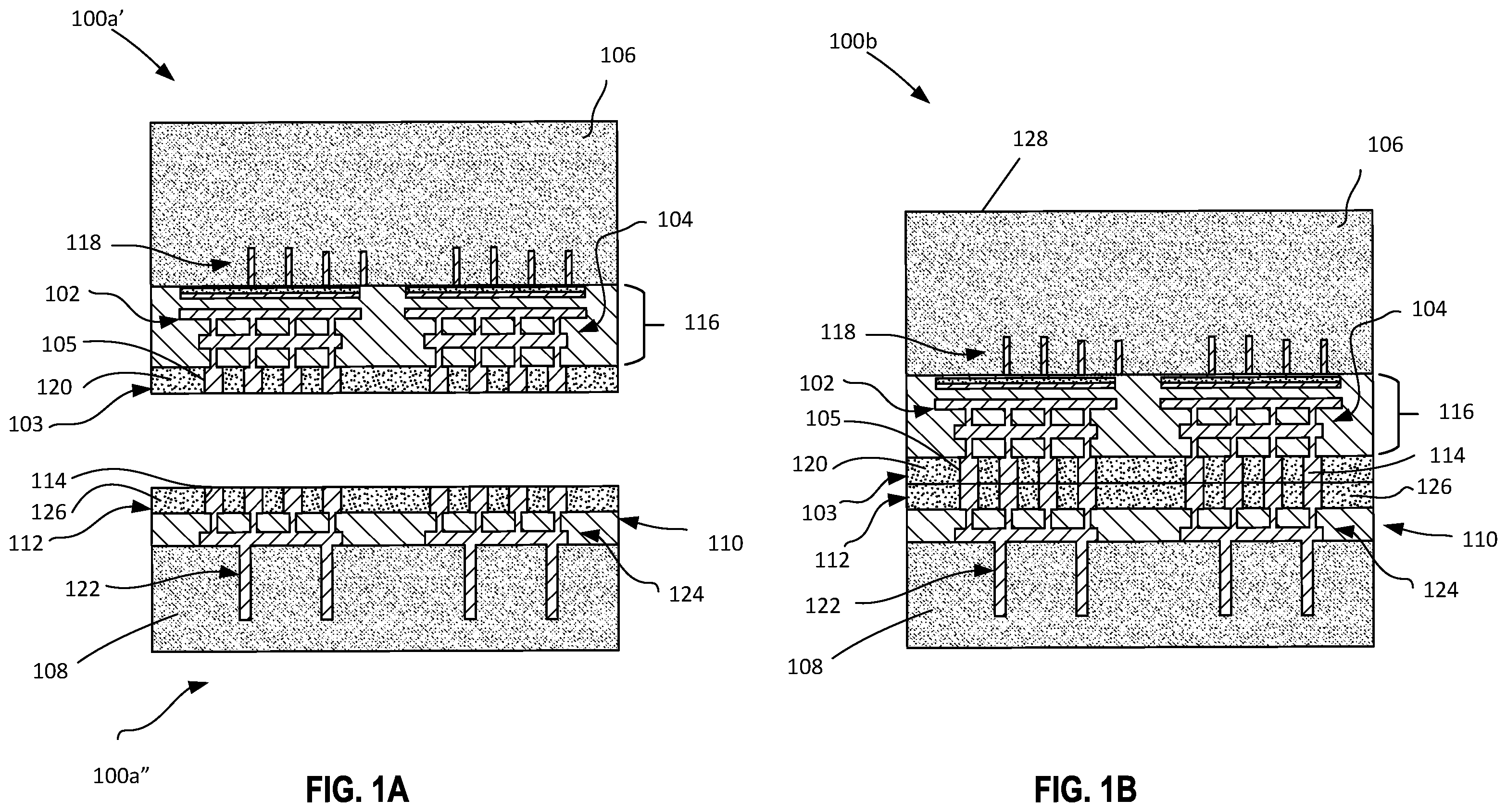 Patent US12599034 Figure 1 – Microelectronic structure including active base substrate with through vias between a top die and a bottom die supported on an interposer