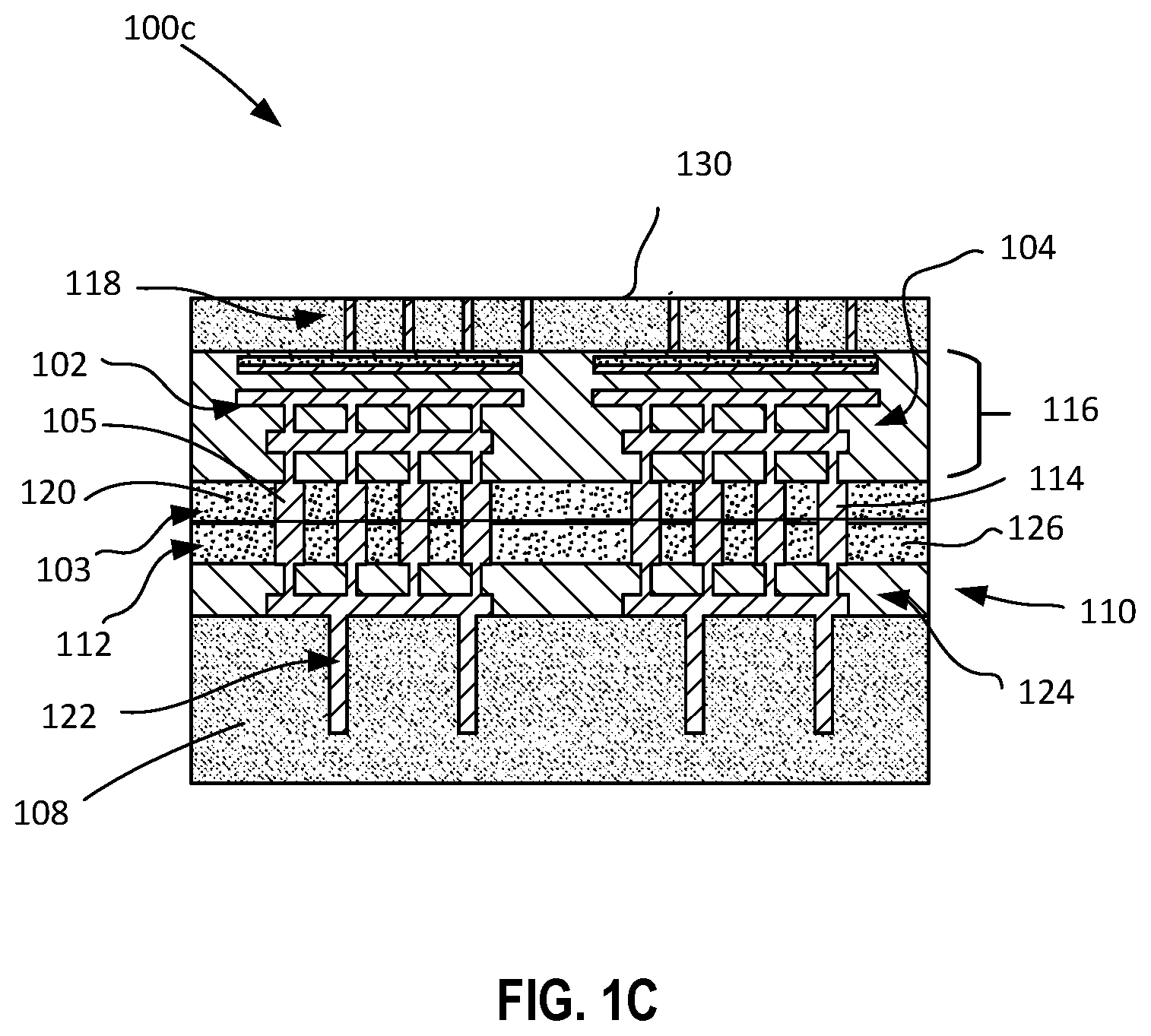 Patent US12599034 Figure 2 – Microelectronic structure including active base substrate with through vias between a top die and a bottom die supported on an interposer