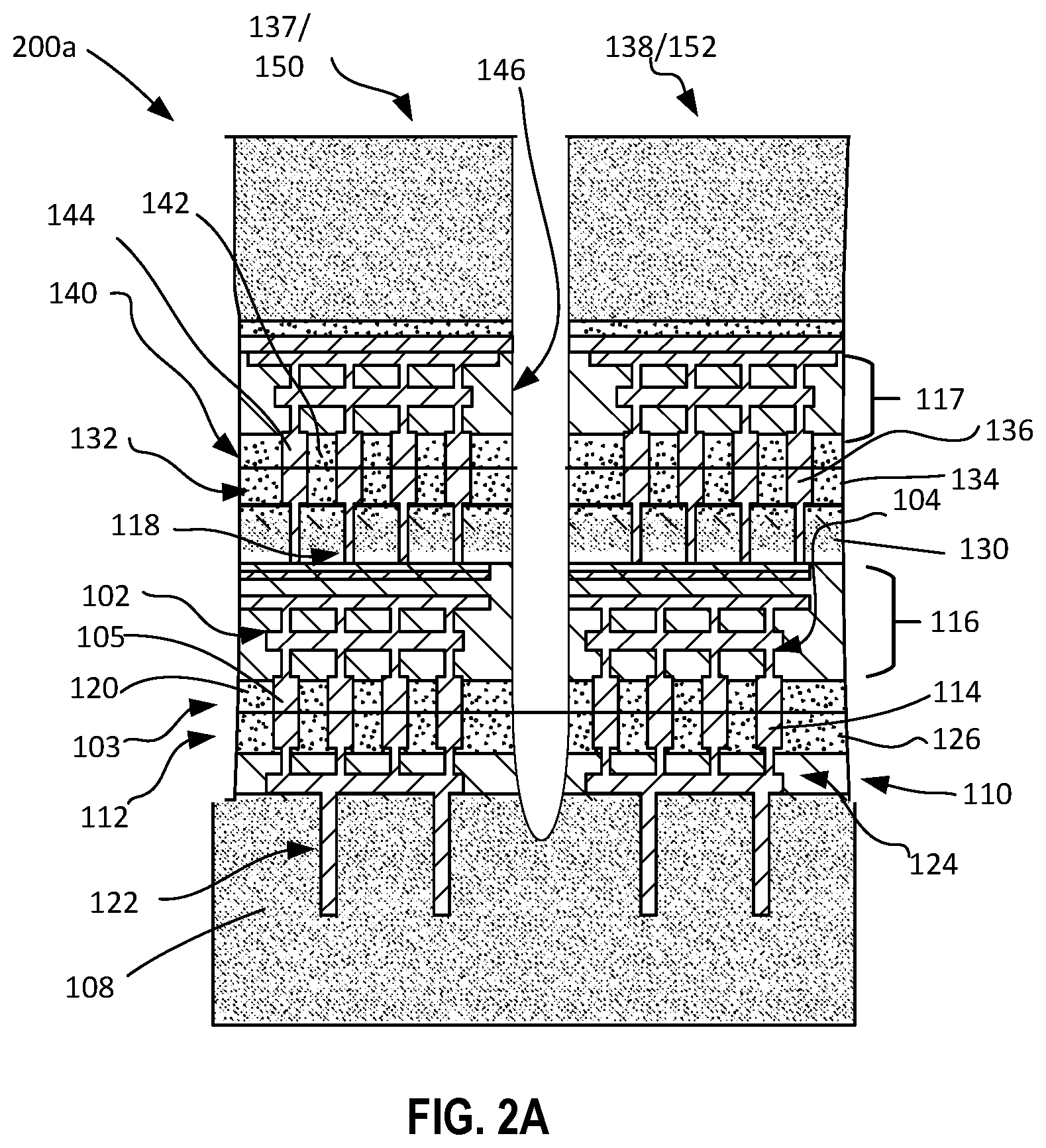 Patent US12599034 Figure 4 – Microelectronic structure including active base substrate with through vias between a top die and a bottom die supported on an interposer