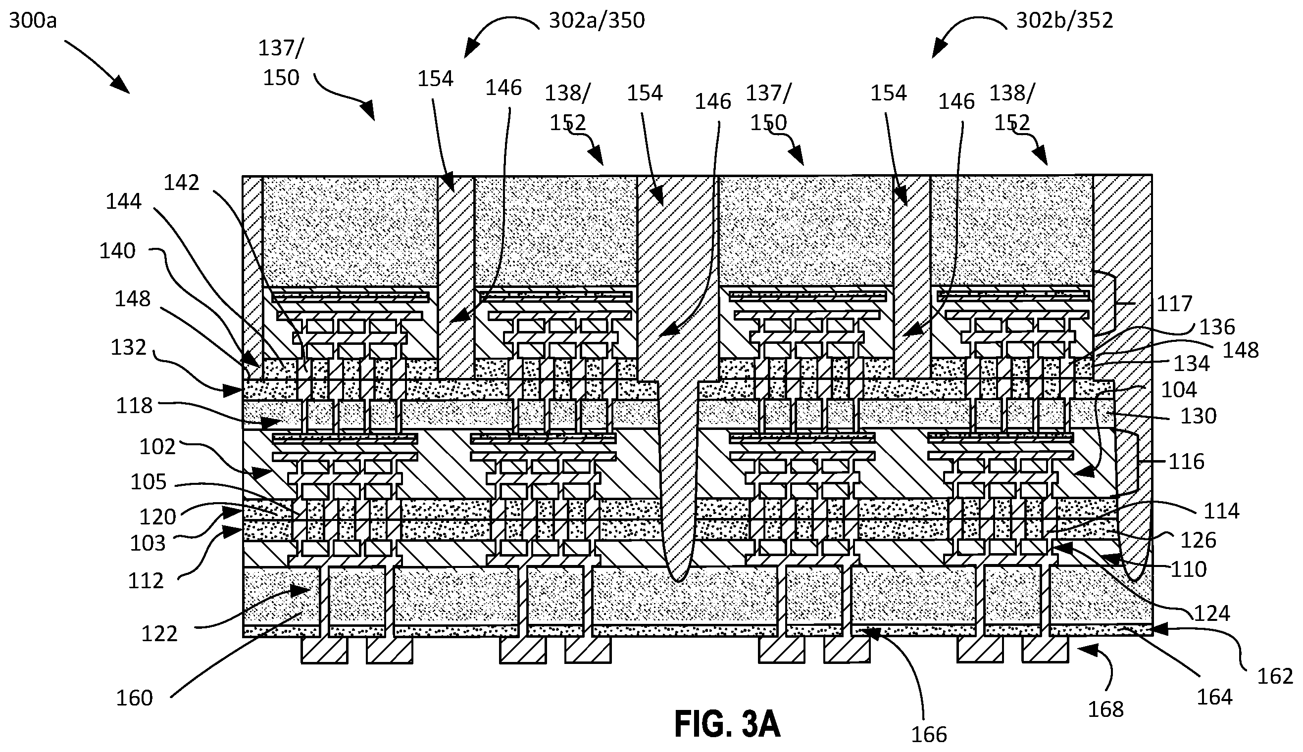 Patent US12599034 Figure 7 – Microelectronic structure including active base substrate with through vias between a top die and a bottom die supported on an interposer