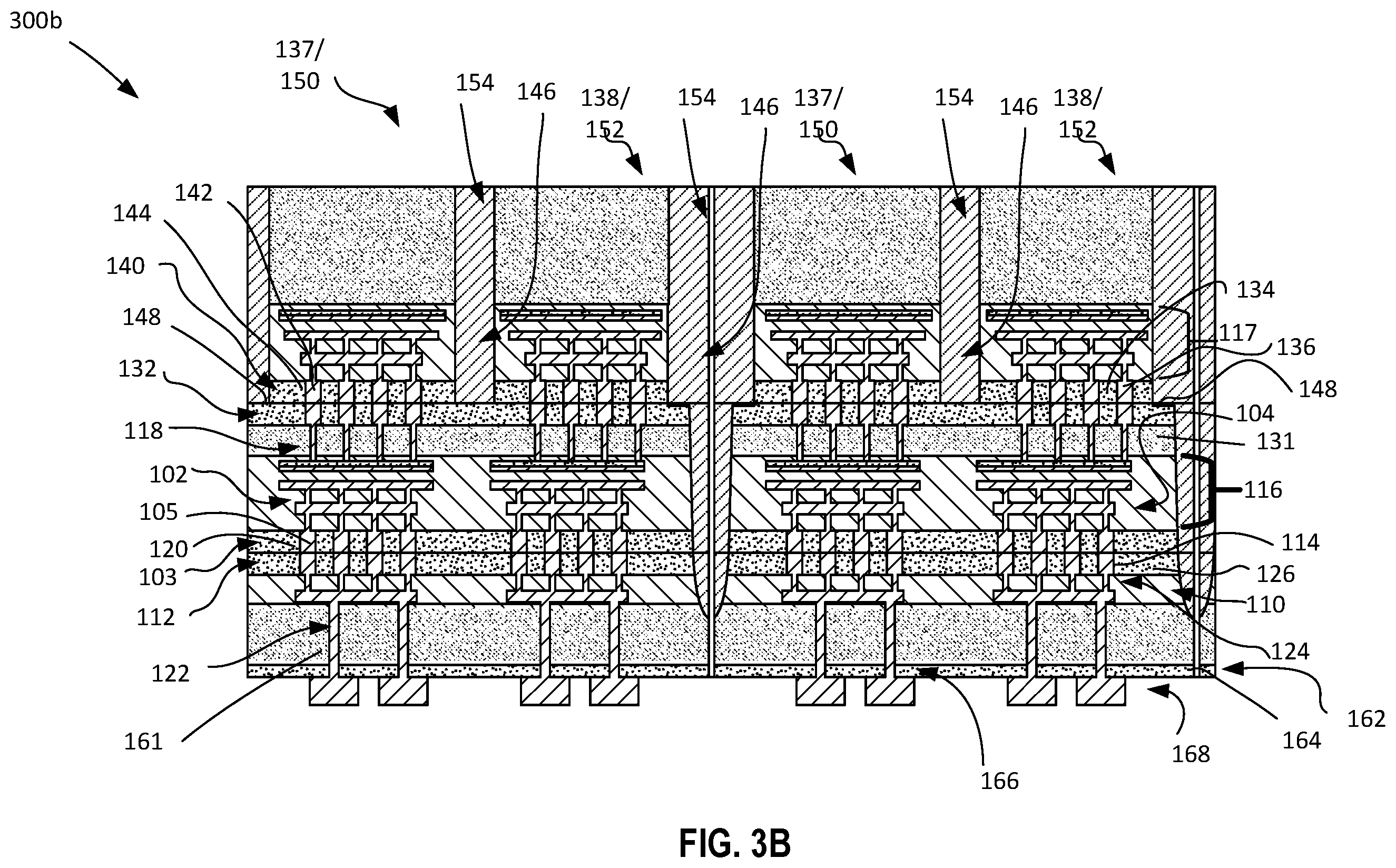 Patent US12599034 Figure 8 – Microelectronic structure including active base substrate with through vias between a top die and a bottom die supported on an interposer