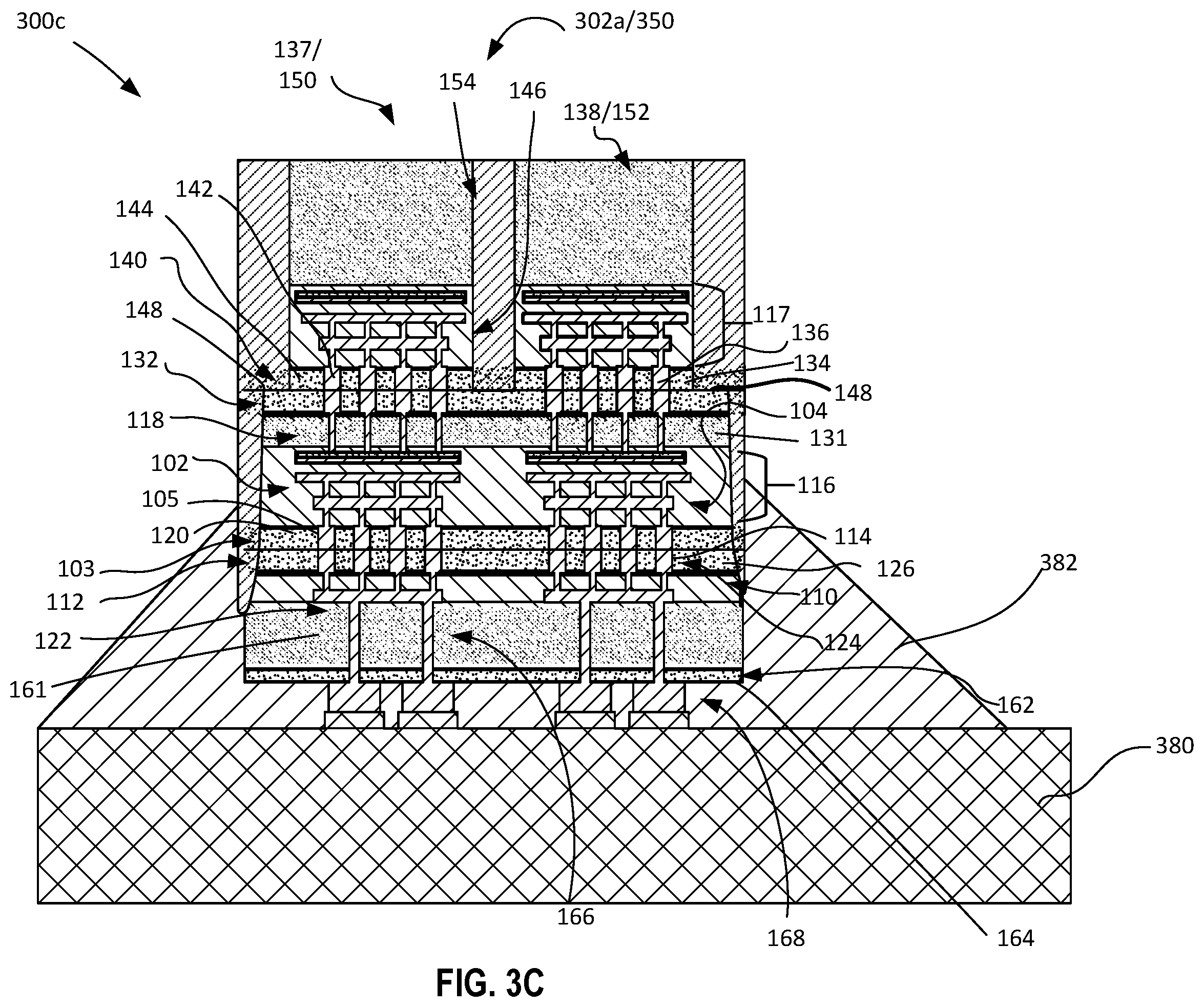 Patent US12599034 Figure 9 – Microelectronic structure including active base substrate with through vias between a top die and a bottom die supported on an interposer