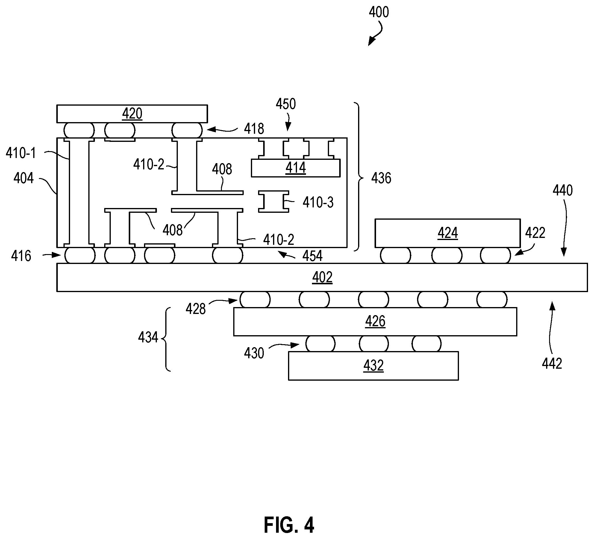 Patent US12599034 Figure 10 – Microelectronic structure including active base substrate with through vias between a top die and a bottom die supported on an interposer