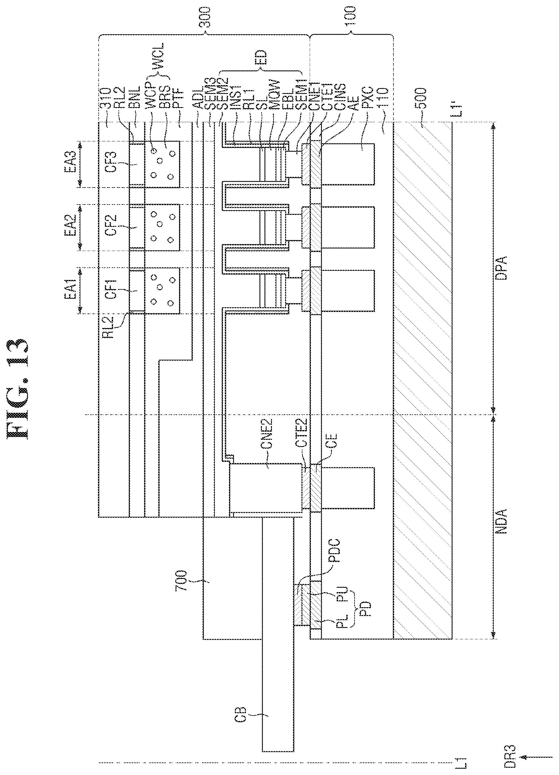 Patent US12599038 Figure 13 – Display device with a heat dissipation substrate and a cover substrate
