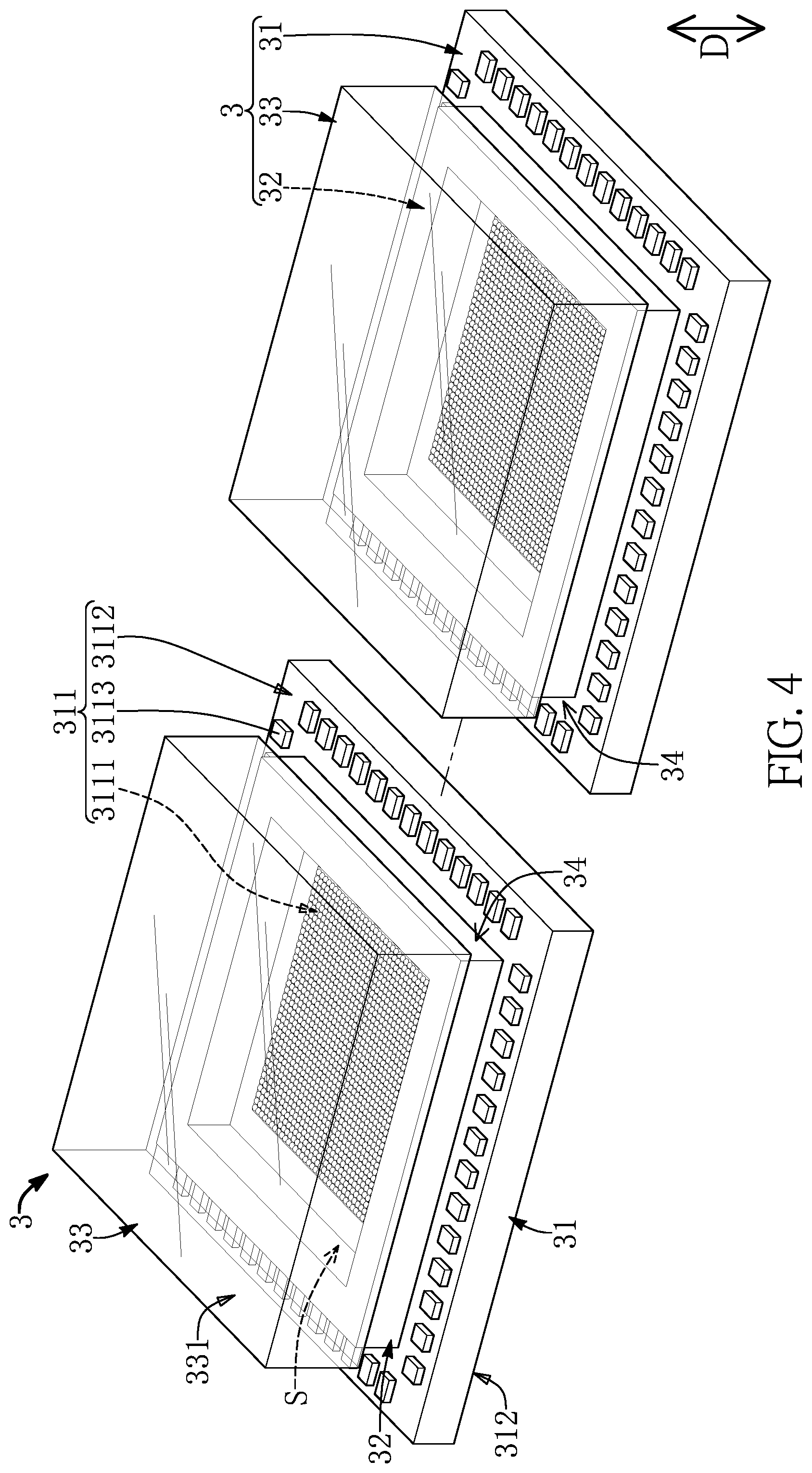 Patent US12599045 Figure 4 – Sensor chips having columnar microstructures embedded and surrounded by adhesive layer in a package structure and manufacturing method thereof