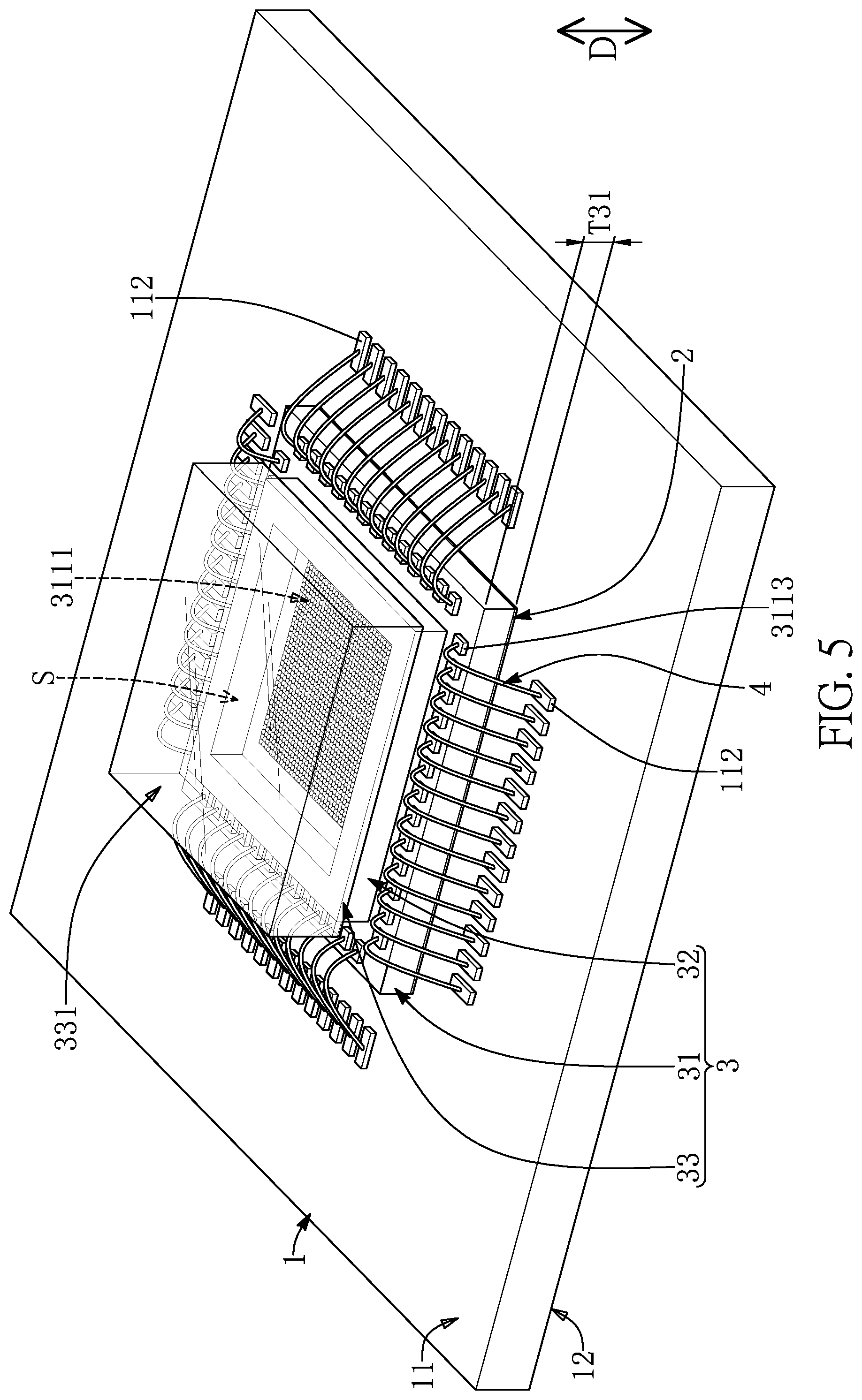 Patent US12599045 Figure 5 – Sensor chips having columnar microstructures embedded and surrounded by adhesive layer in a package structure and manufacturing method thereof