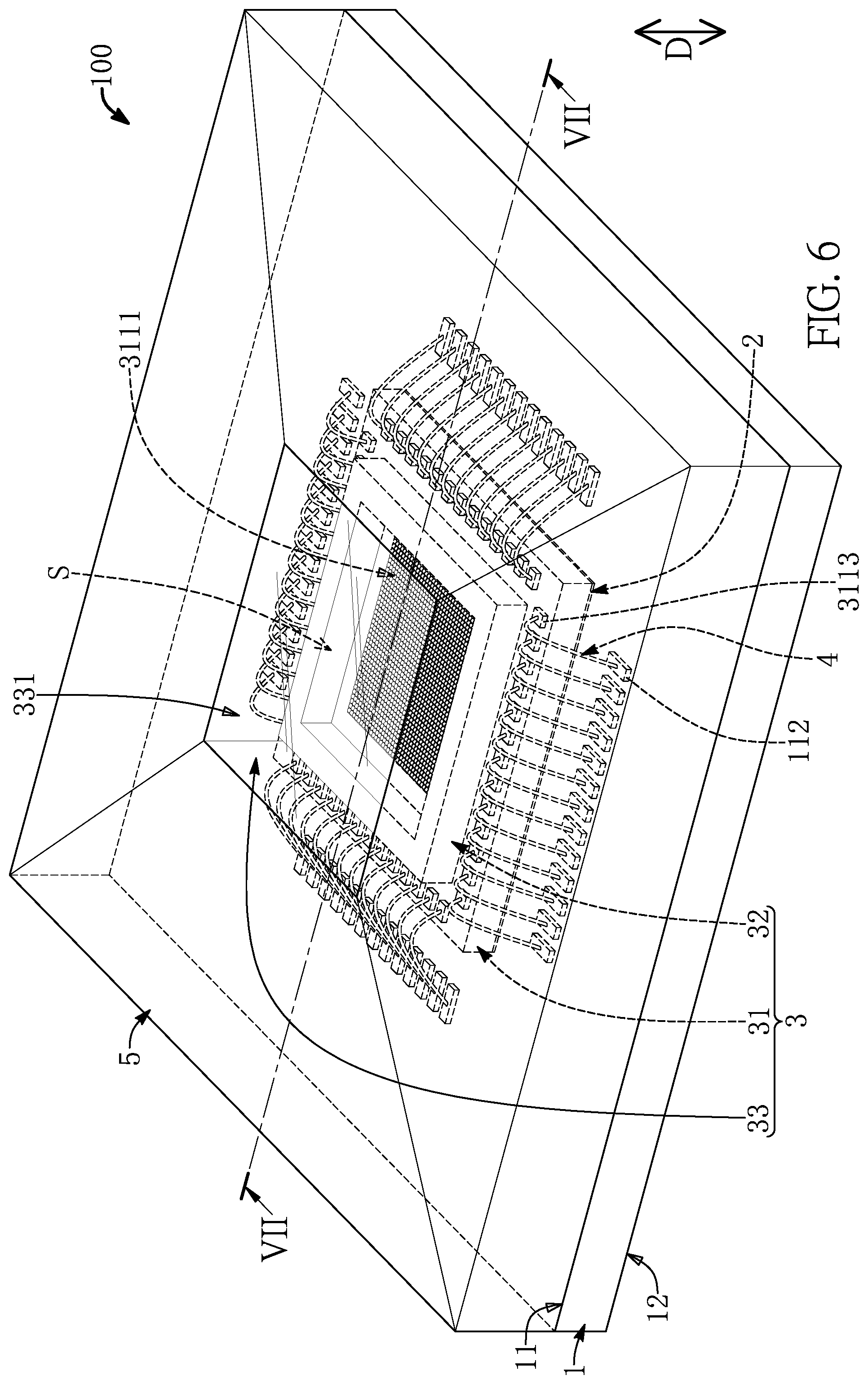 Patent US12599045 Figure 6 – Sensor chips having columnar microstructures embedded and surrounded by adhesive layer in a package structure and manufacturing method thereof
