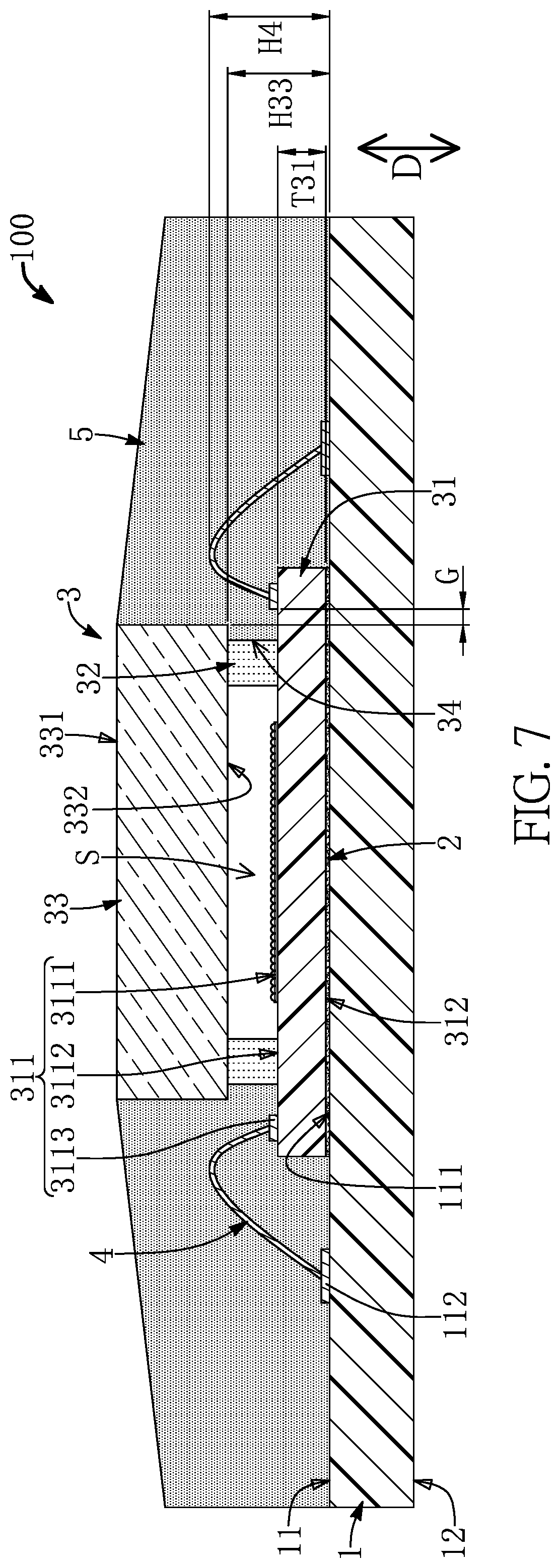 Patent US12599045 Figure 7 – Sensor chips having columnar microstructures embedded and surrounded by adhesive layer in a package structure and manufacturing method thereof