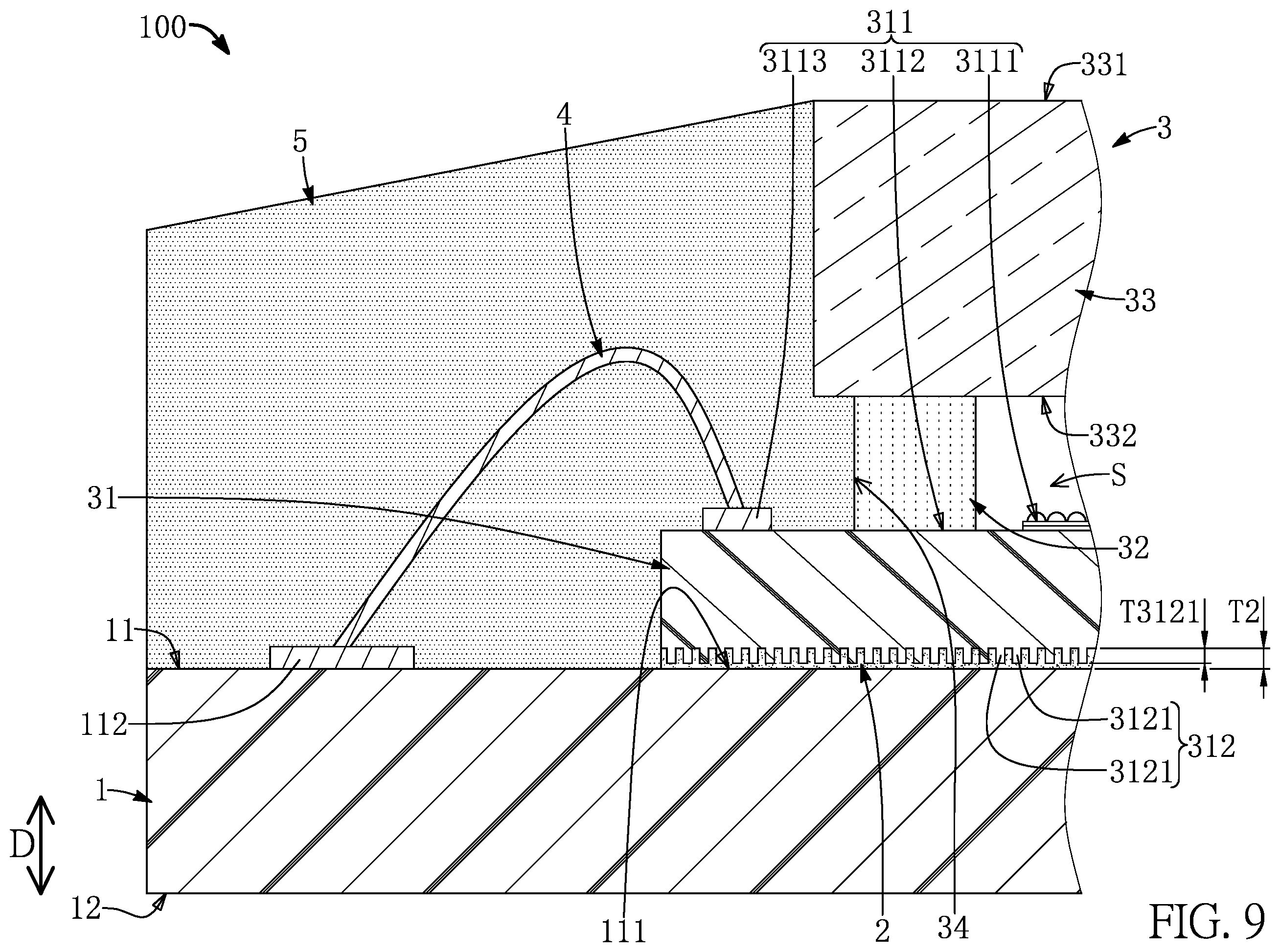 Patent US12599045 Figure 9 – Sensor chips having columnar microstructures embedded and surrounded by adhesive layer in a package structure and manufacturing method thereof