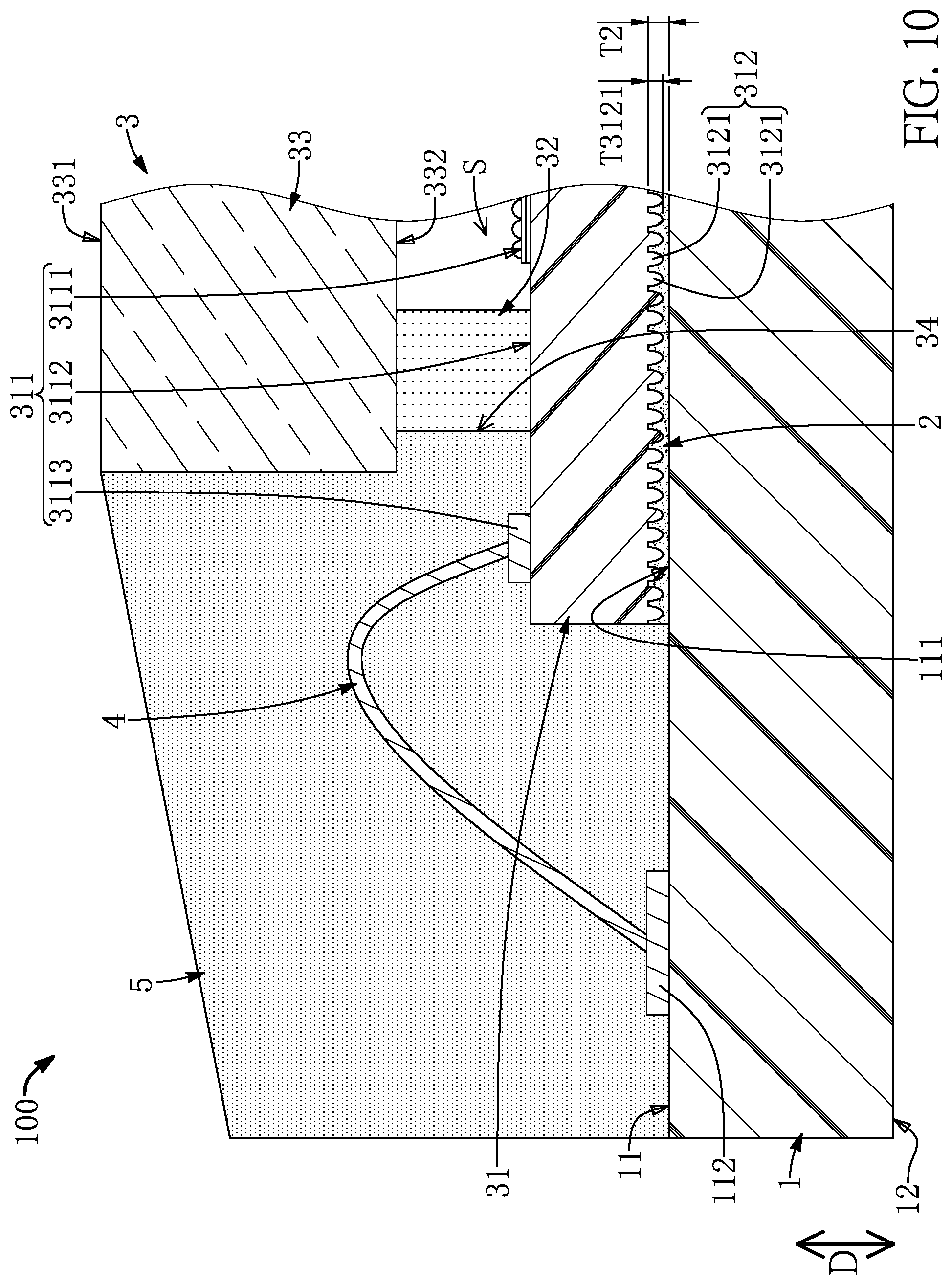 Patent US12599045 Figure 10 – Sensor chips having columnar microstructures embedded and surrounded by adhesive layer in a package structure and manufacturing method thereof