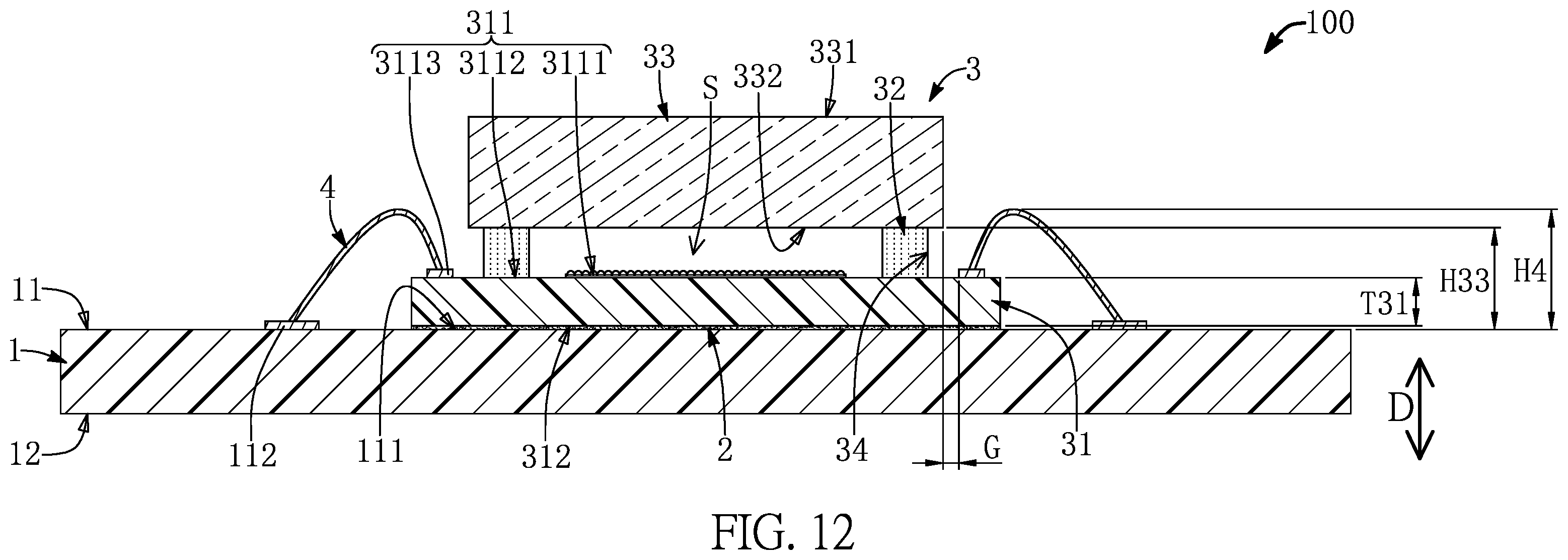 Patent US12599045 Figure 12 – Sensor chips having columnar microstructures embedded and surrounded by adhesive layer in a package structure and manufacturing method thereof