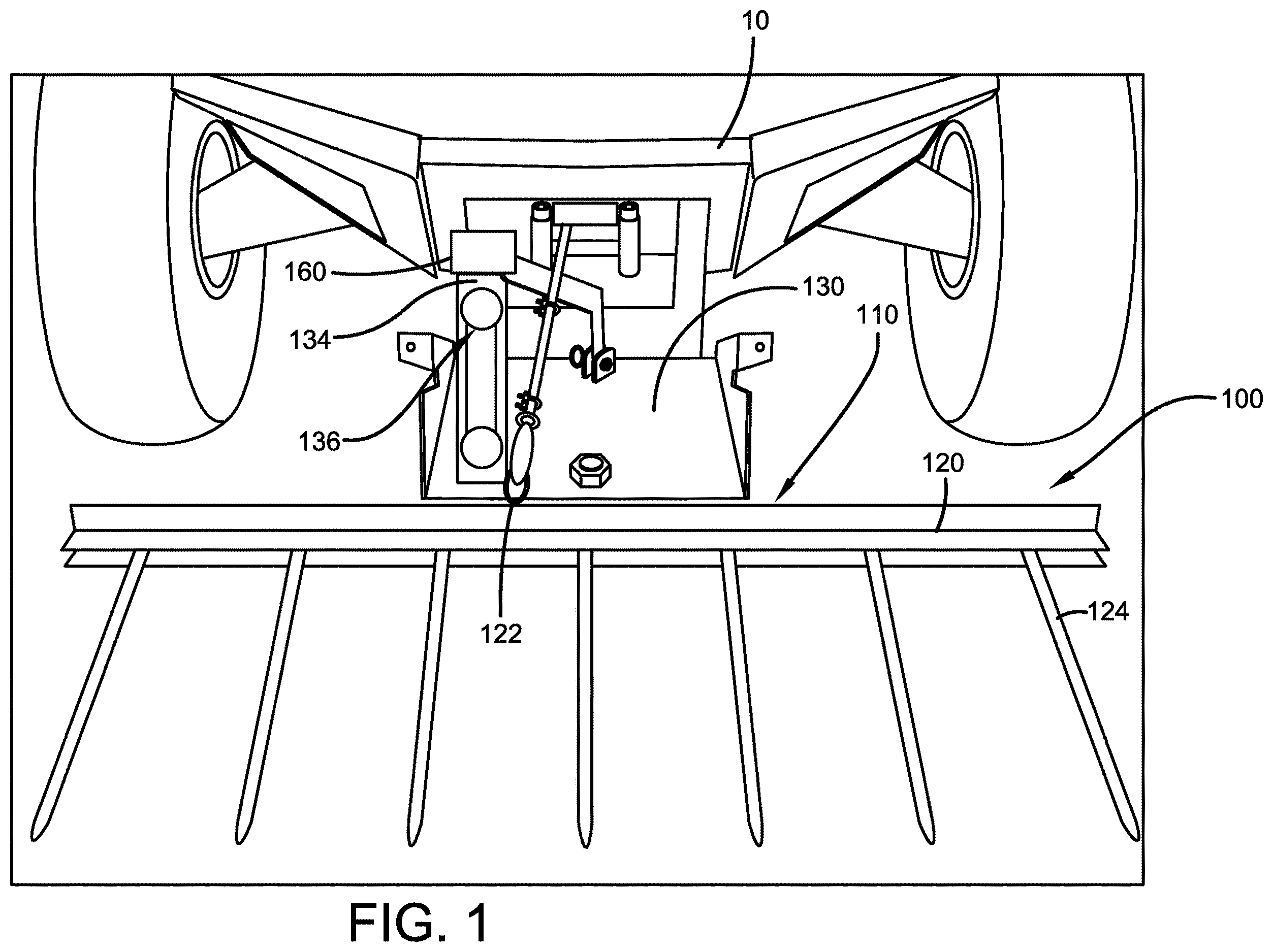 Patent US12599063 Figure 1 – Utility vehicle hay fork attachment device