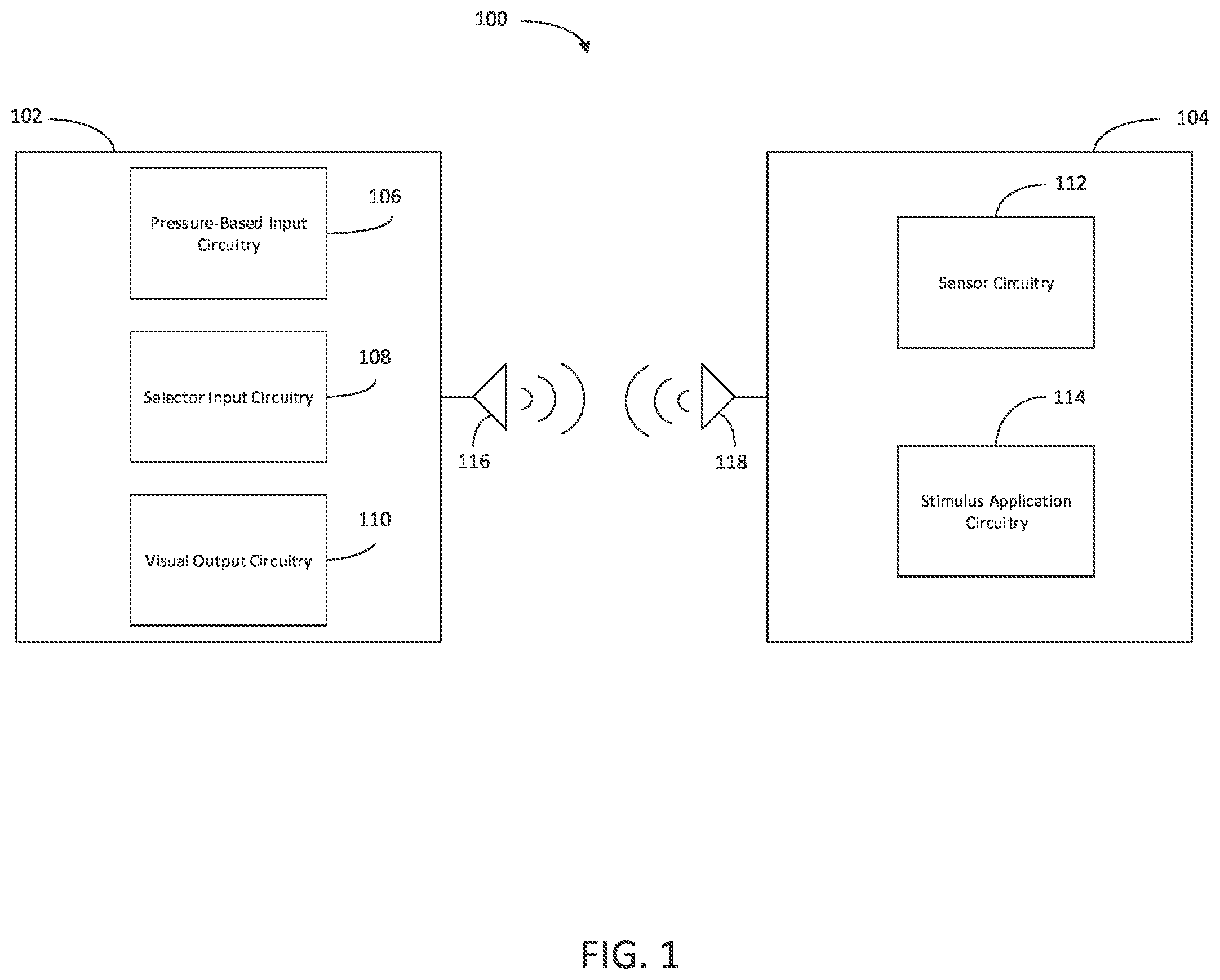 Patent US12599113 Figure 1 – Animal training device that controls stimulus using proportional pressure-based input