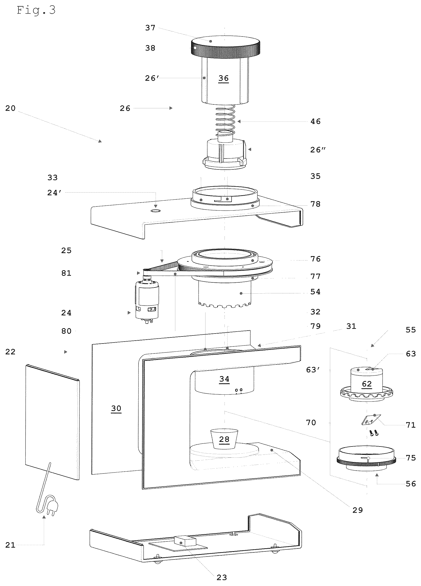 Patent US12599148 Figure 4 – Semi-automatic machine for crushing and for collecting outside frozen food substances for a subsequent food use of said food substances