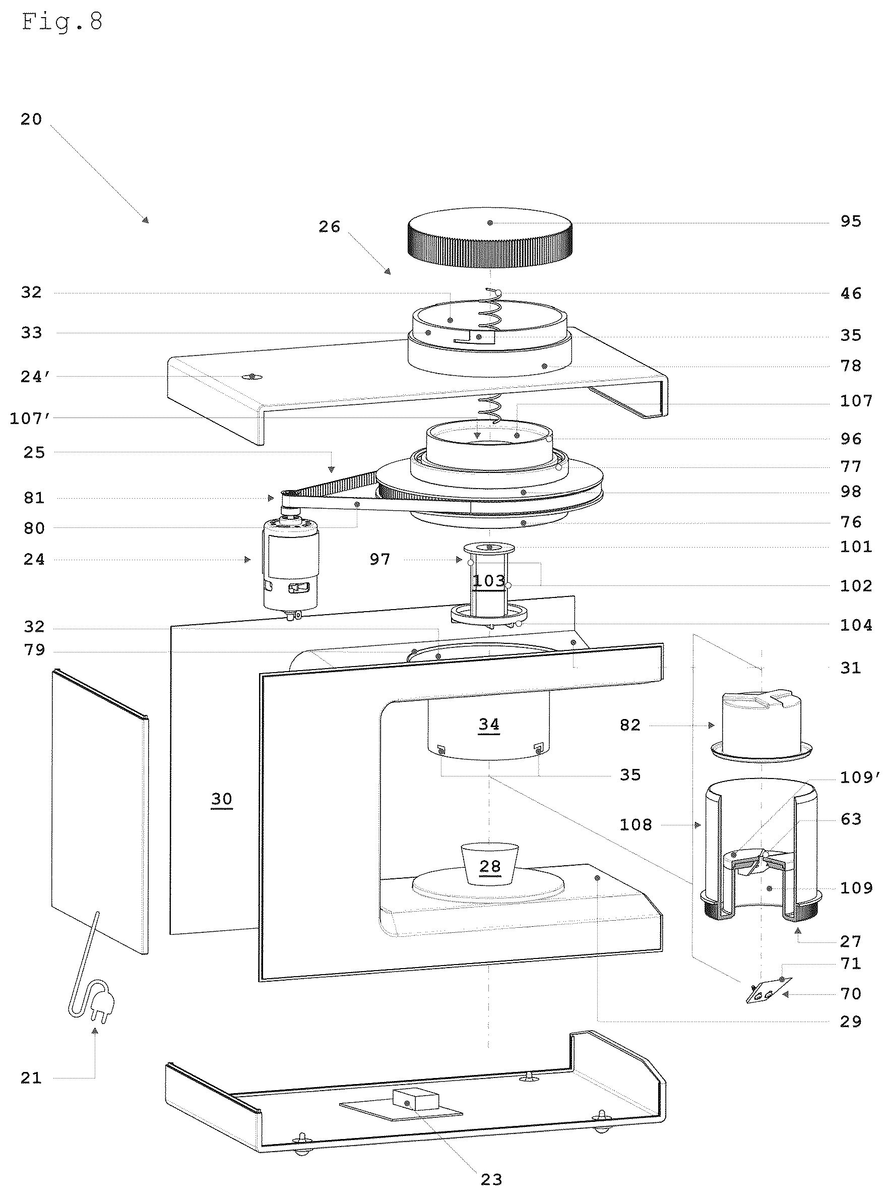Patent US12599148 Figure 9 – Semi-automatic machine for crushing and for collecting outside frozen food substances for a subsequent food use of said food substances